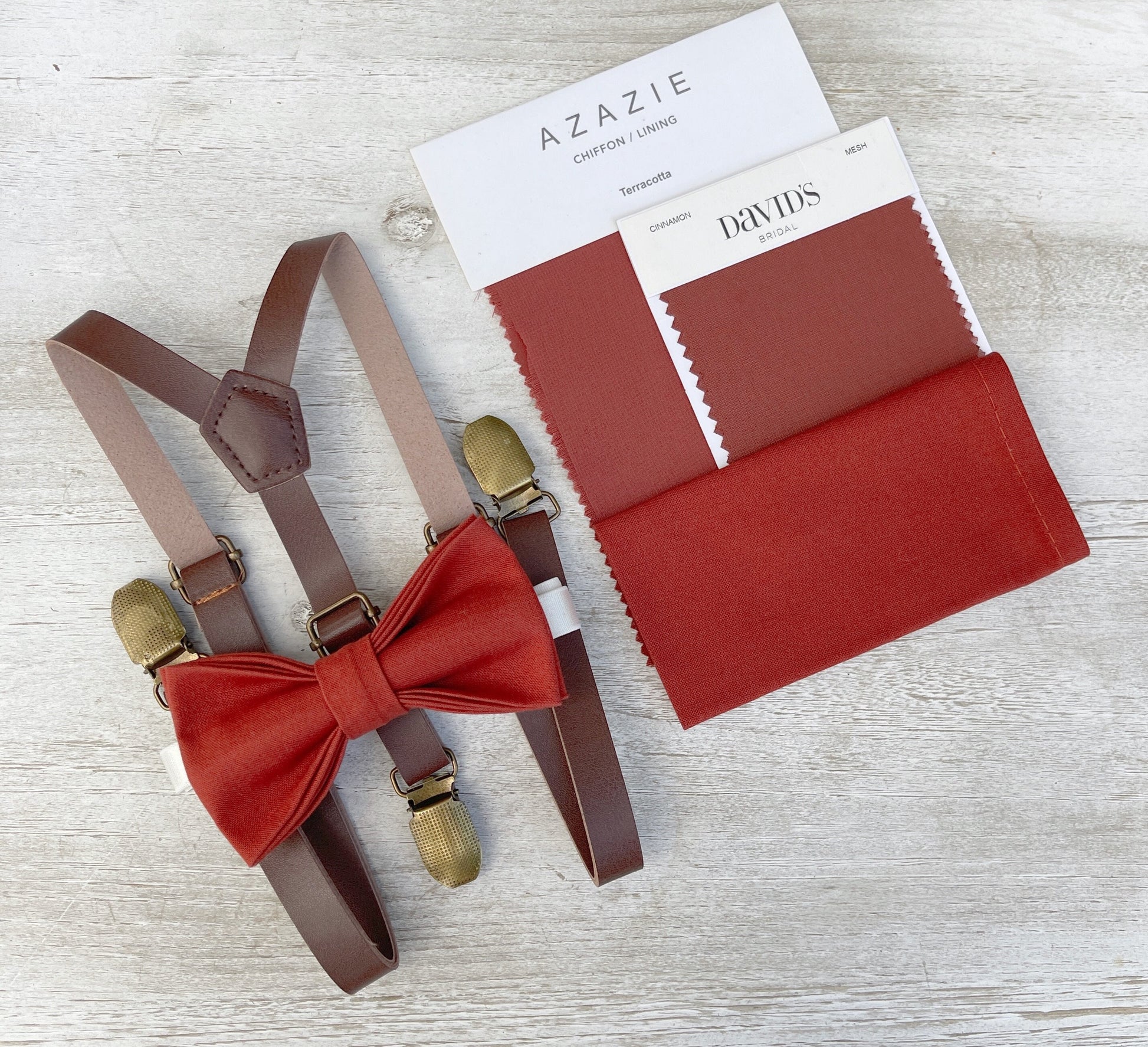 Terracotta Bow tie & Suspenders | Skinny Leather Braces | Cinnamon Bowtie | Pocket Square | Ring Bearer Outfit | Boho Rustic Wedding
