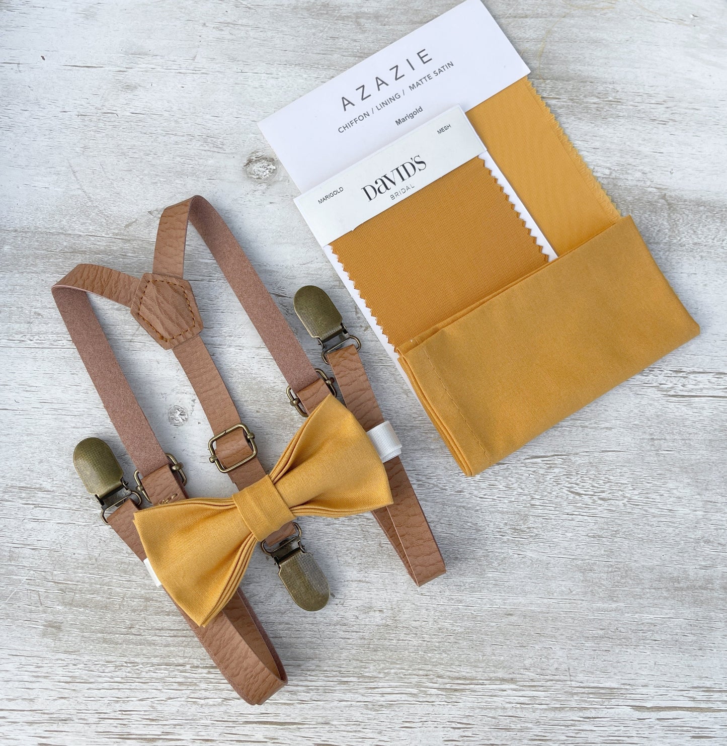 Marigold Bow tie & Suspenders | Skinny Leather Light Brown Braces | Pocket Square | Ring Bearer Outfit | Boho Rustic Wedding
