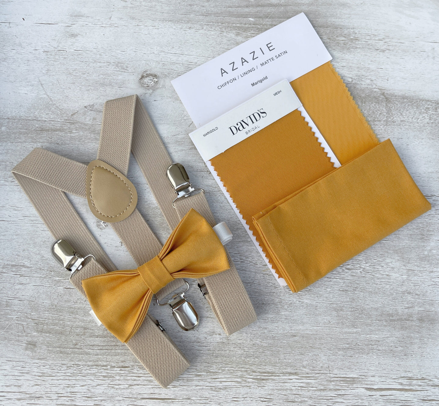Marigold Bow tie & Suspenders | Champagne Tan Braces | Pocket Square | Ring Bearer Outfit | Boho Rustic Wedding