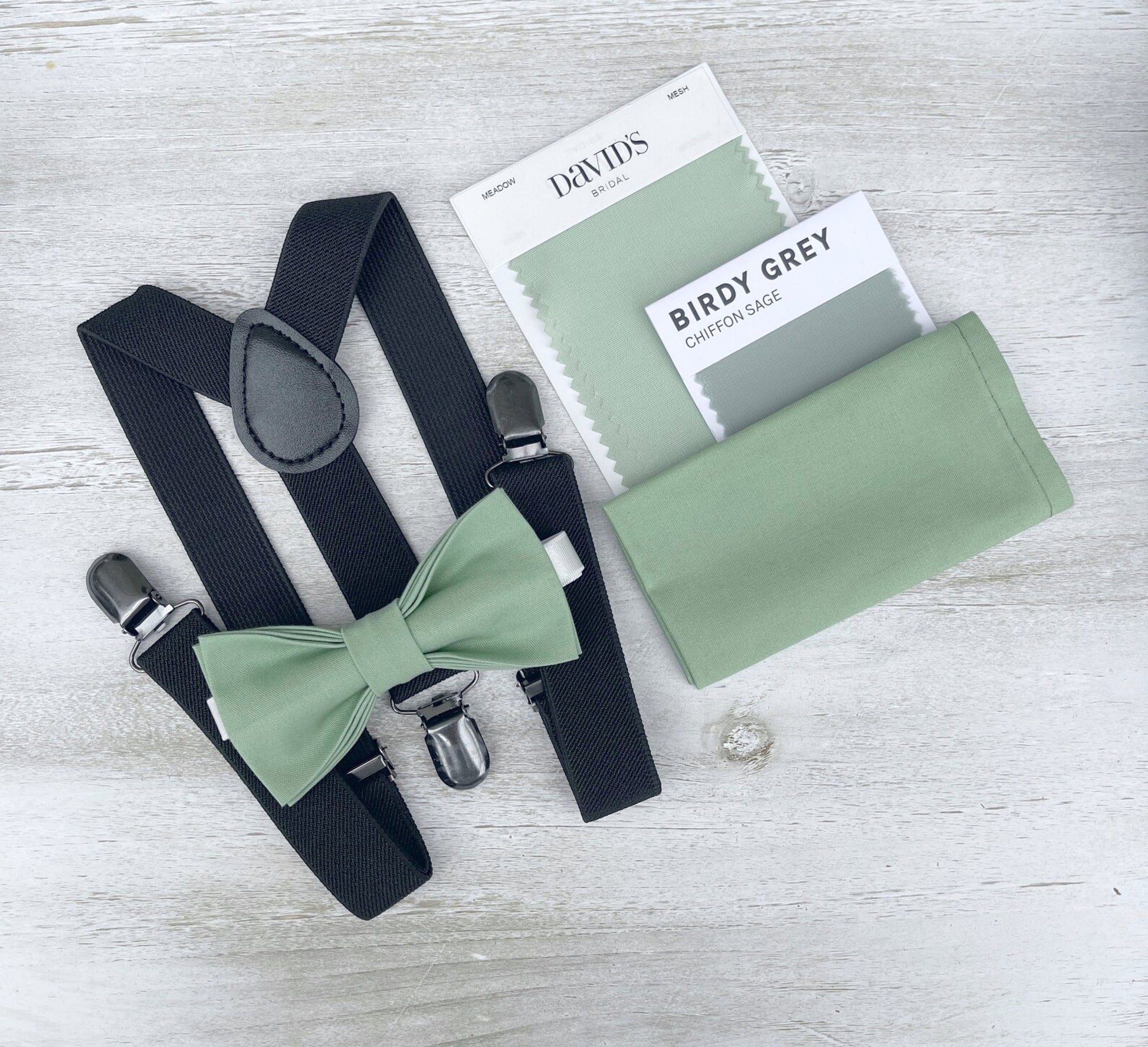 Matcha Bow tie & Suspenders | Black Braces | Sage Meadow Green Bow | Pocket Square | Ring Bearer Outfit | Boho Rustic Wedding