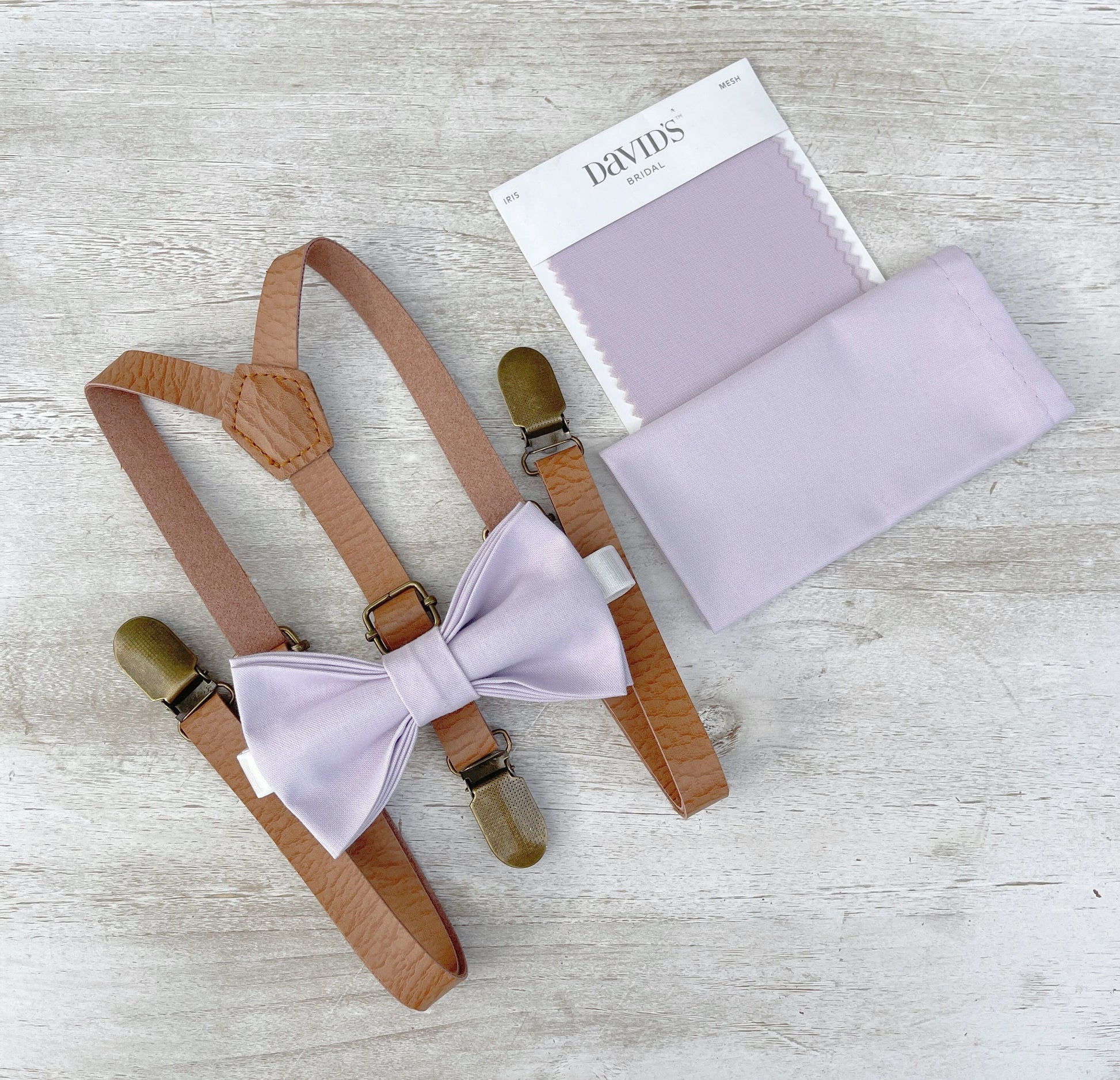 Iris Bow tie & Suspenders | Skinny Leather Light Brown Braces | Pocket Square | Ring Bearer Outfit | Boho Rustic Wedding