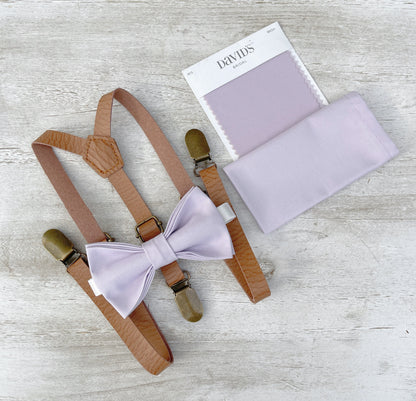 Iris Bow tie & Suspenders | Skinny Leather Light Brown Braces | Pocket Square | Ring Bearer Outfit | Boho Rustic Wedding