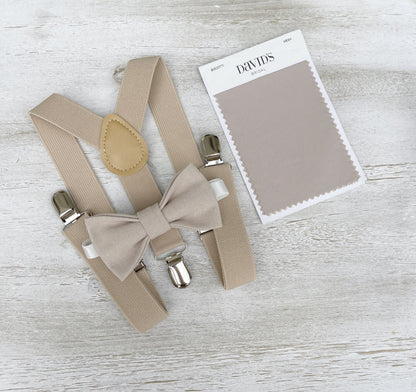 Linen Bow tie & Suspenders | Champagne Tan Braces | Biscotti Bowtie | Frost Tan Bowtie | Ring Bearer Outfit | Boho Rustic Wedding