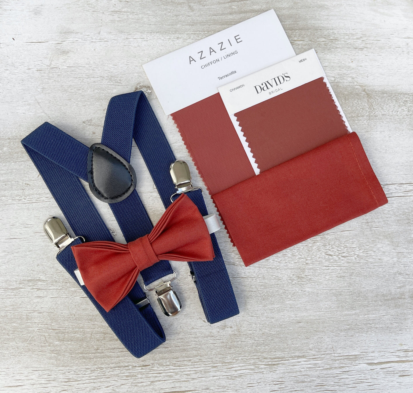 Terracotta Bow tie & Suspenders | Navy Blue Braces | Cinnamon Bowtie | Pocket Square | Ring Bearer Outfit | Boho Rustic Wedding