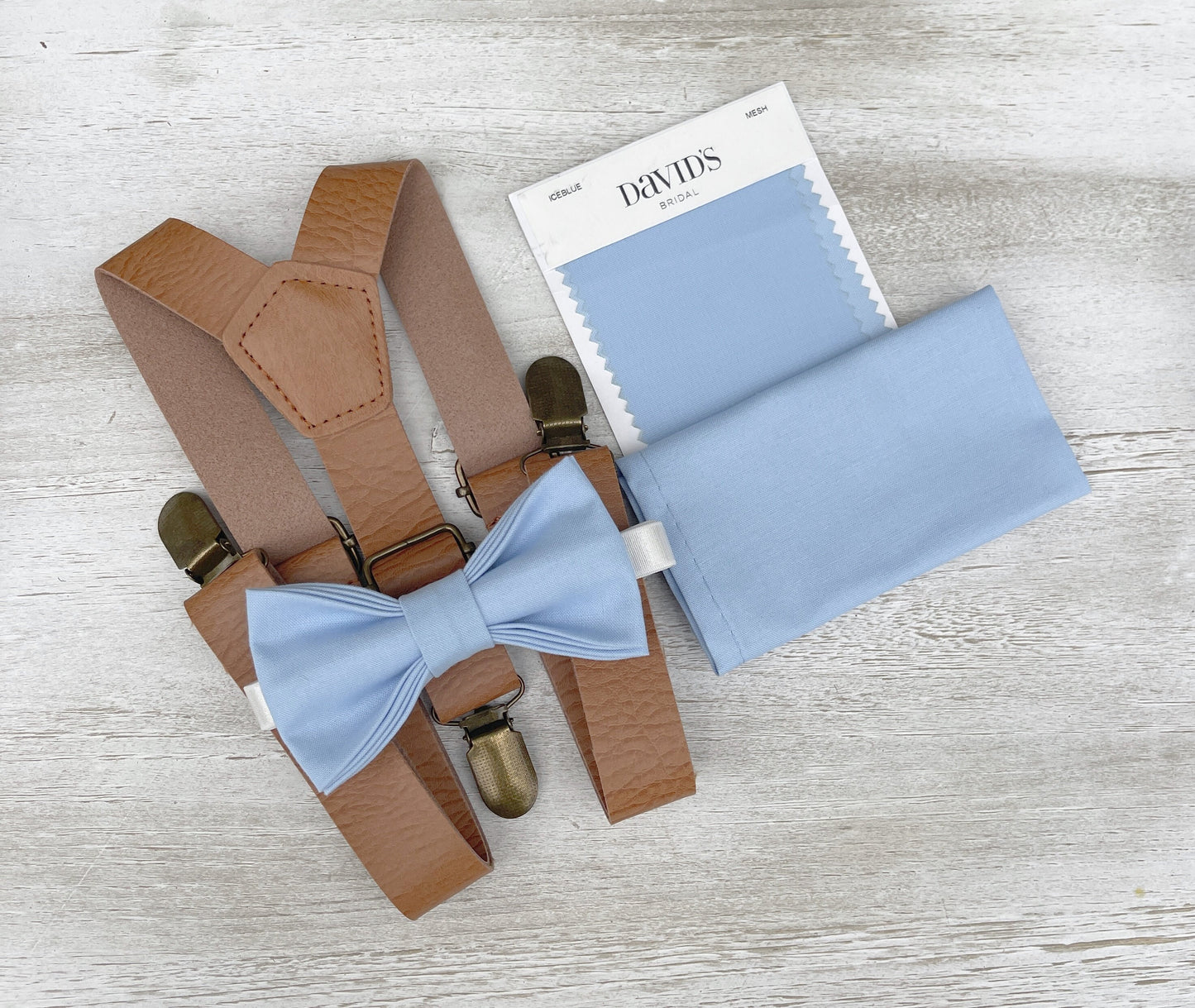 Ice Blue Bow tie & Suspenders | Leather Light Brown Braces | Pocket Square | Ring Bearer Outfit | Boho Rustic Wedding Set
