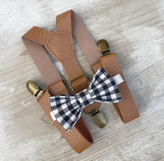 Plaid Bow Tie Set with Leather Suspenders - Perfect for Wedding Parties and Ring Bearers