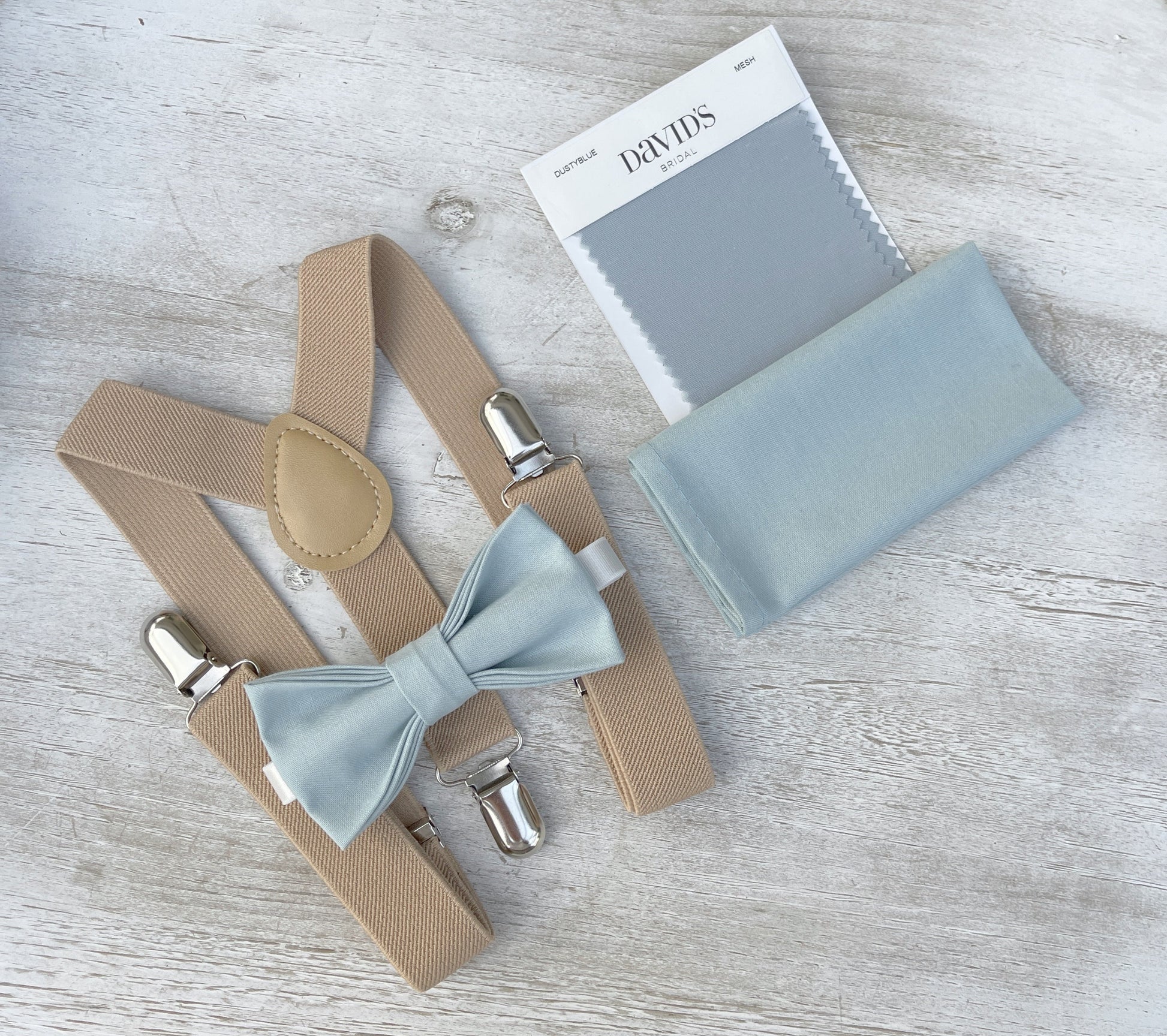 Mist Bow tie & Suspenders | Nude Beige Braces | Sky Blue Bow | Dusty Blue Bowtie | Pocket Square | Ring Bearer Outfit | Boho Rustic Wedding