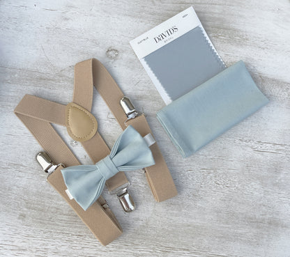 Mist Bow tie & Suspenders | Nude Beige Braces | Sky Blue Bow | Dusty Blue Bowtie | Pocket Square | Ring Bearer Outfit | Boho Rustic Wedding