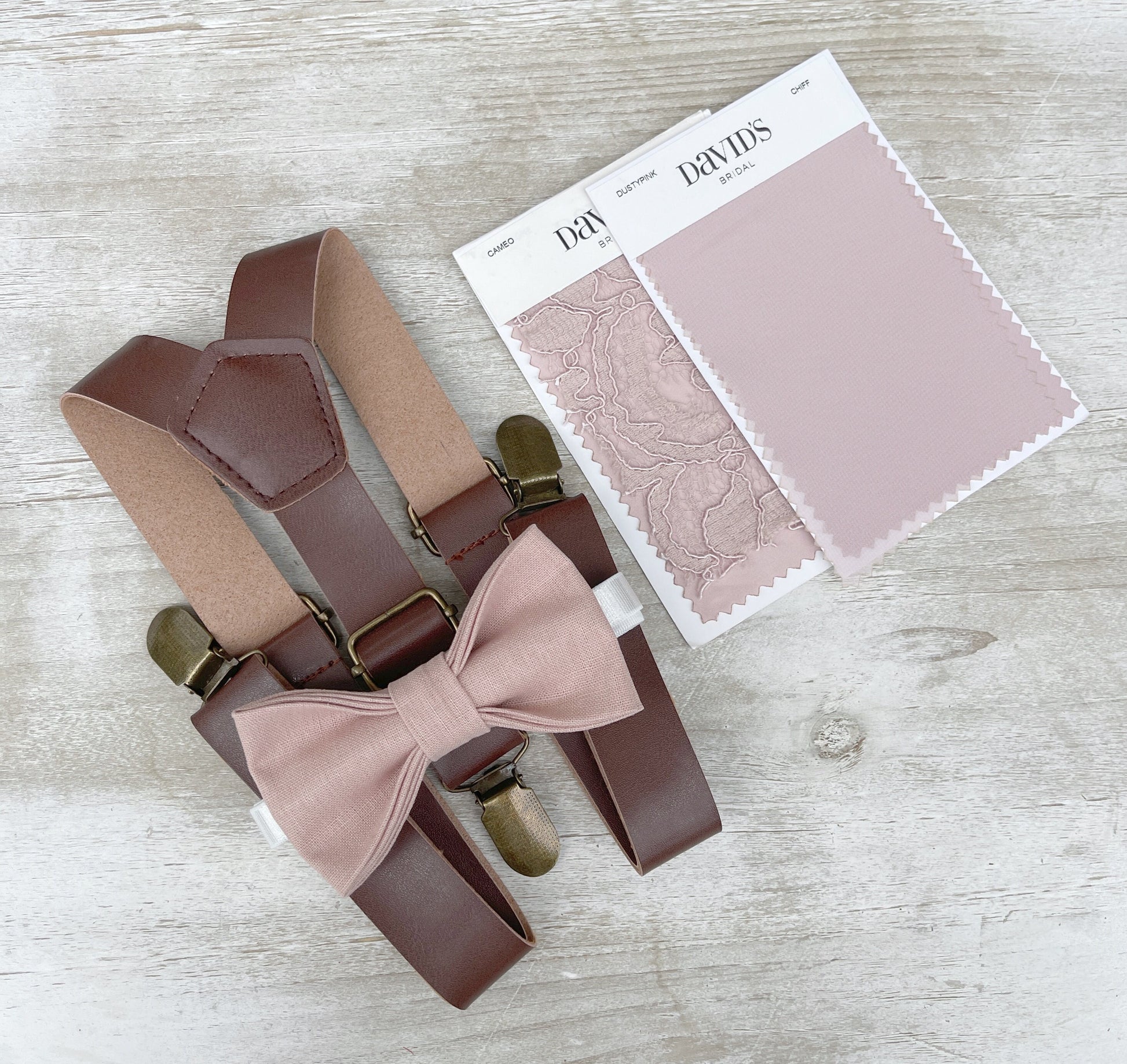 Vintage Rose Bow tie & Suspenders, Leather Braces, Linen Cameo BowTie, Ring Bearer Outfit, Boho Rustic Wedding