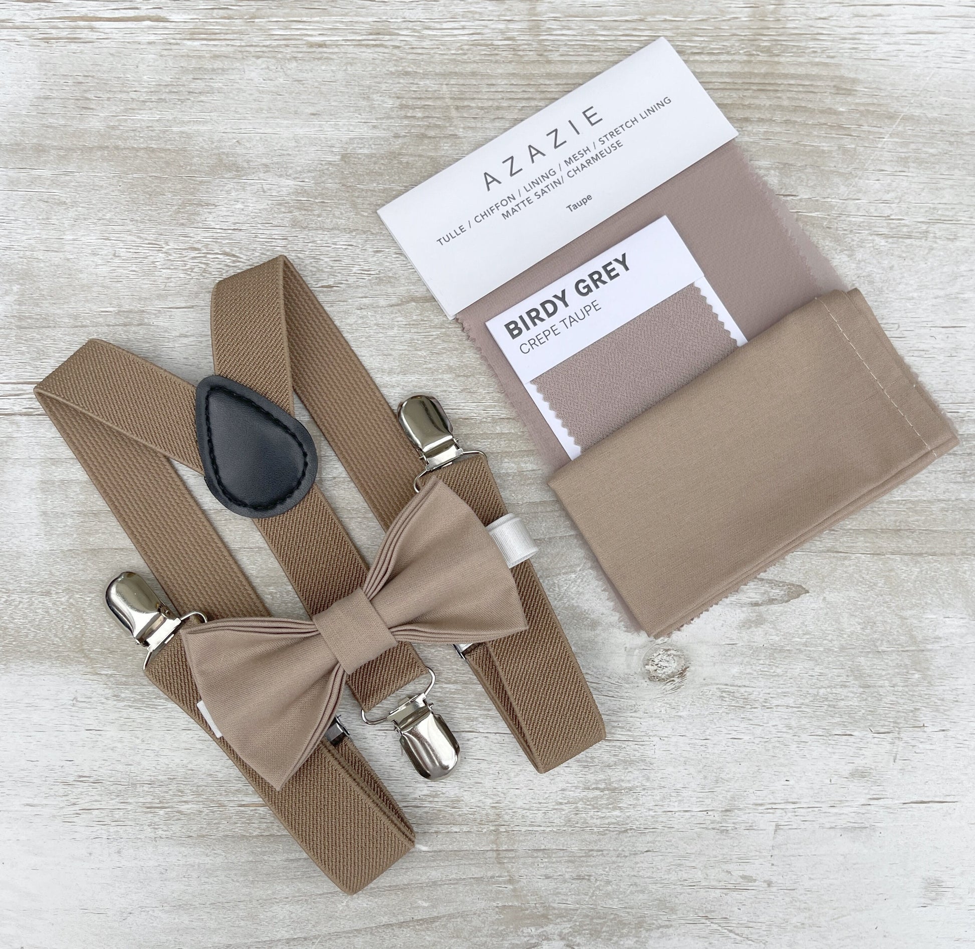 Light Taupe Bow tie & Suspenders | Taupe Braces | Pocket Square | Ring Bearer Outfit | Boho Rustic Wedding