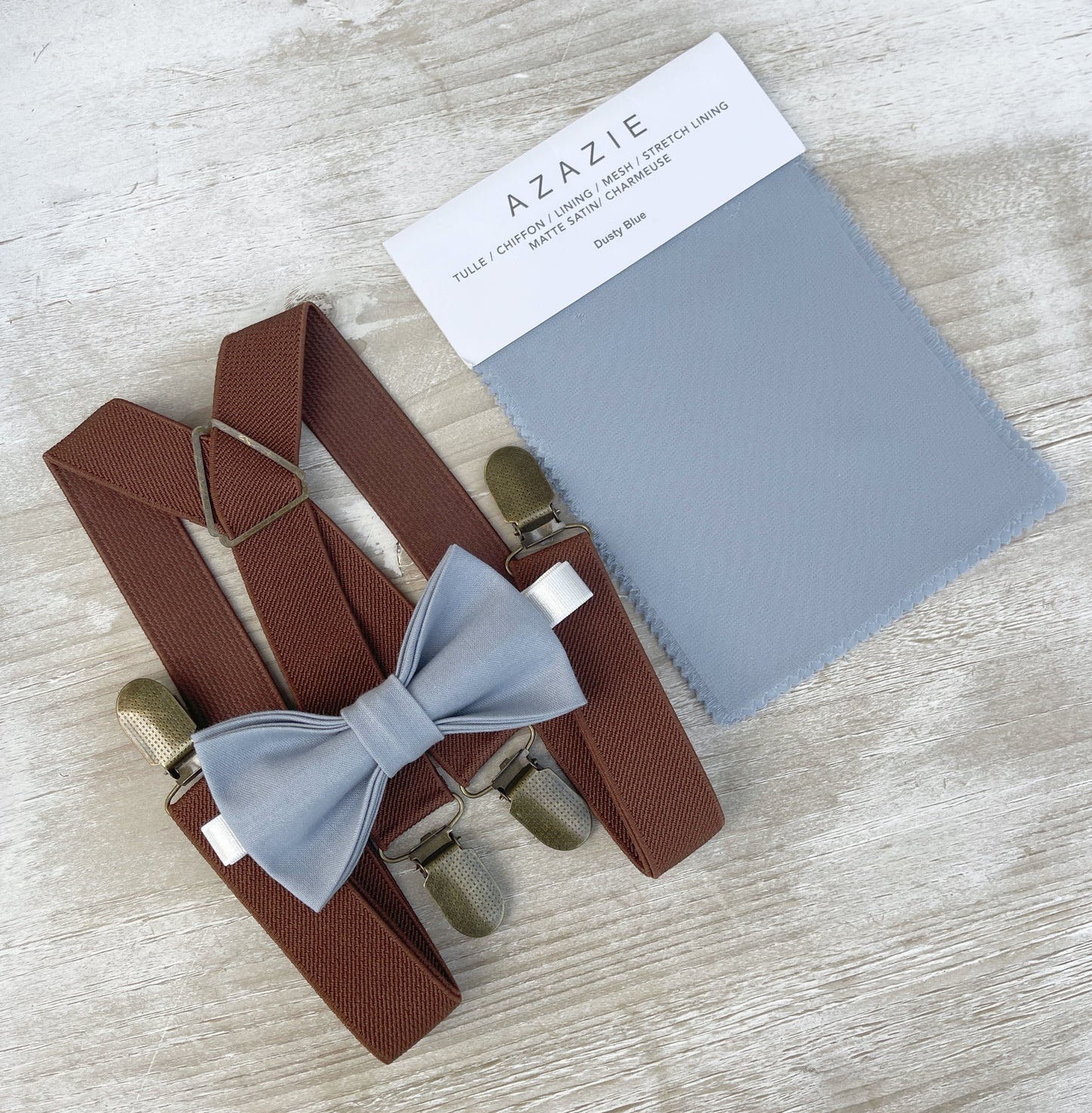 Dusty Blue Bow Tie & Suspenders – All Sizes for Boys and Men, X- Back Brown Braces, Pocket Square, Ring Bearer, Boho Rustic Wedding