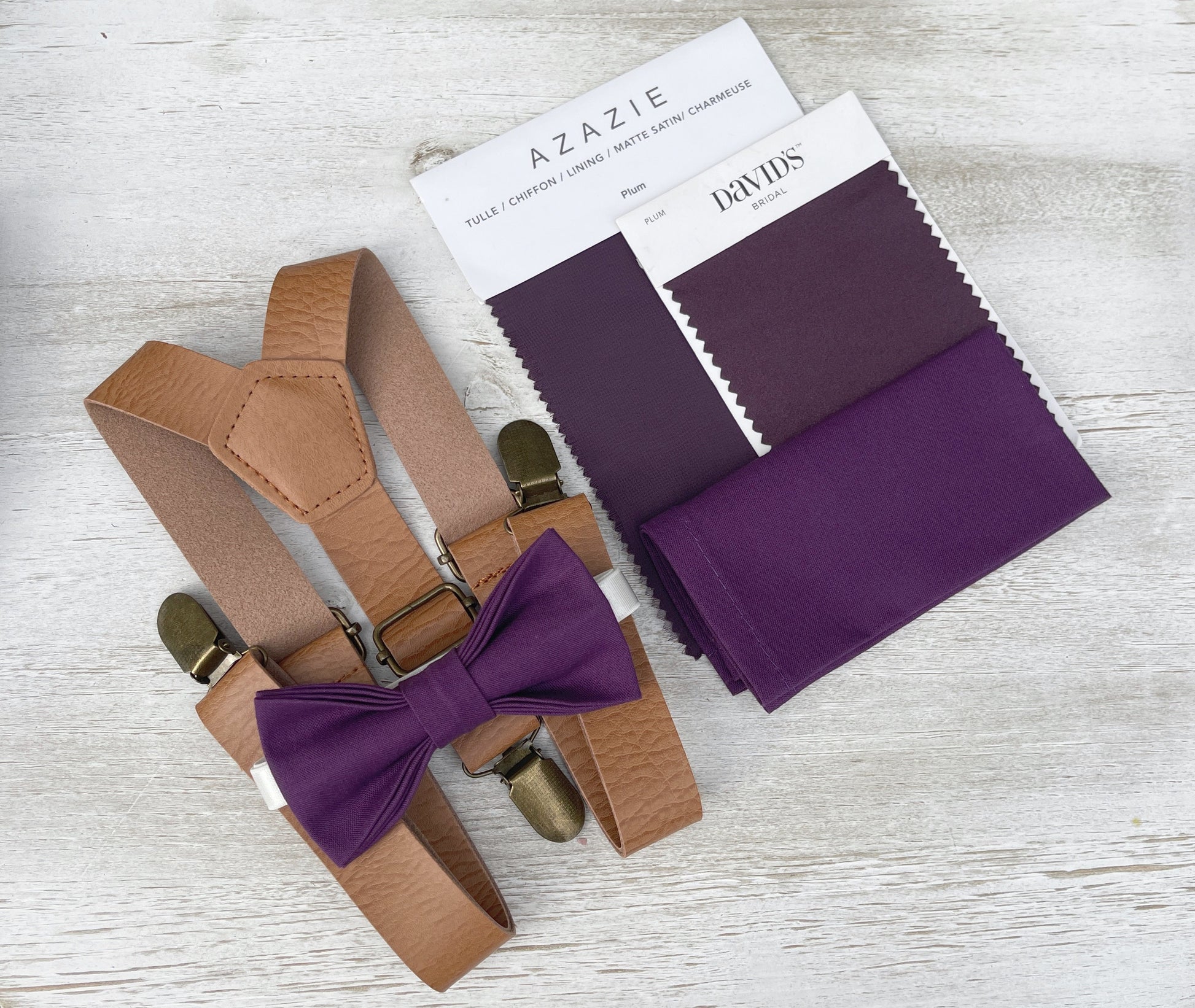 Plum Bow tie & Suspenders | Leather Light Brown Braces | Grape Bowtie | Pocket Square | Ring Bearer Outfit | Boho Rustic Wedding Set