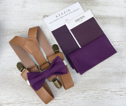 Plum Bow tie & Suspenders | Leather Light Brown Braces | Grape Bowtie | Pocket Square | Ring Bearer Outfit | Boho Rustic Wedding Set