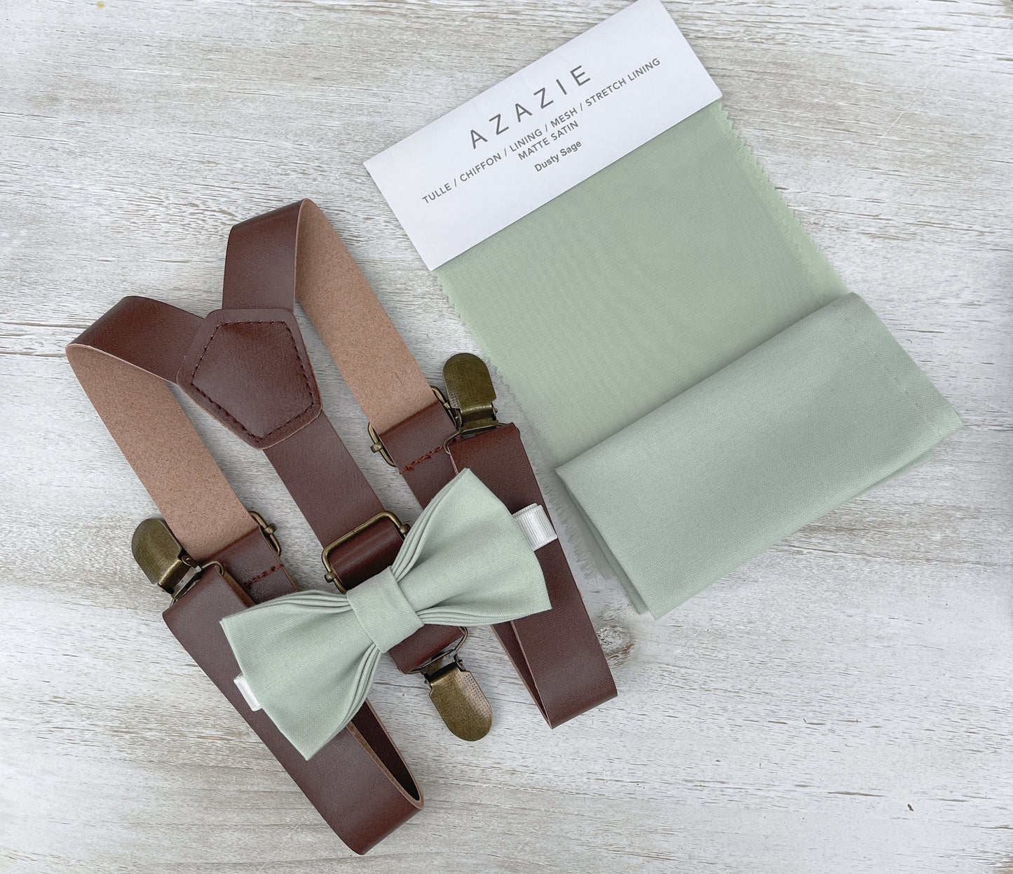 Dusty Sage Bow tie & Suspenders | Vegan Leather Suspenders | Pocket Square | Ring Bearer Outfit | Boho Wedding Set