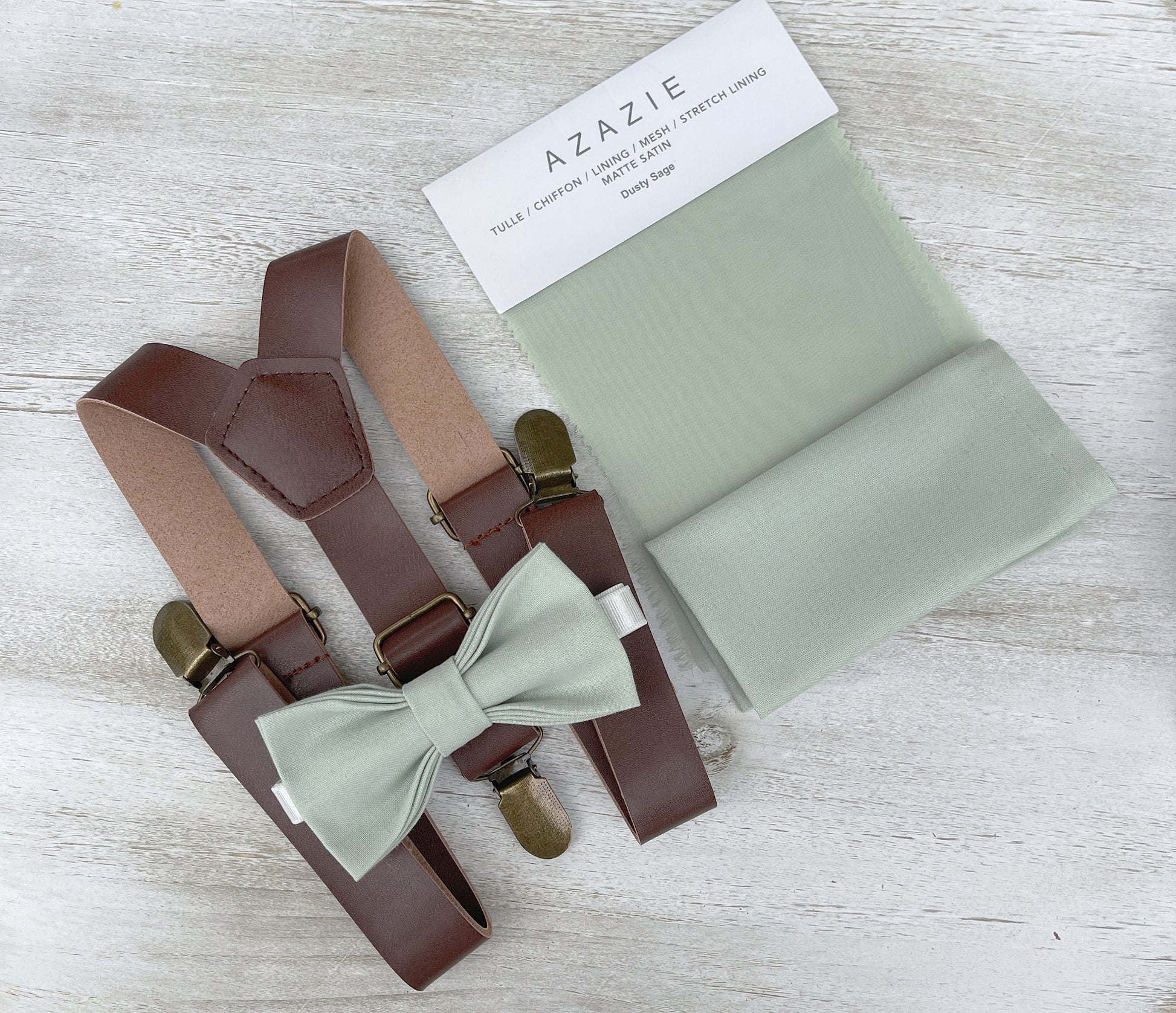 Dusty Sage Bow tie & Suspenders | Vegan Leather Suspenders | Pocket Square | Ring Bearer Outfit | Boho Wedding Set