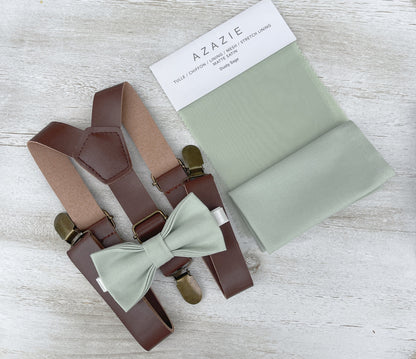 Dusty Sage Bow tie & Suspenders | Vegan Leather Suspenders | Pocket Square | Ring Bearer Outfit | Boho Wedding Set