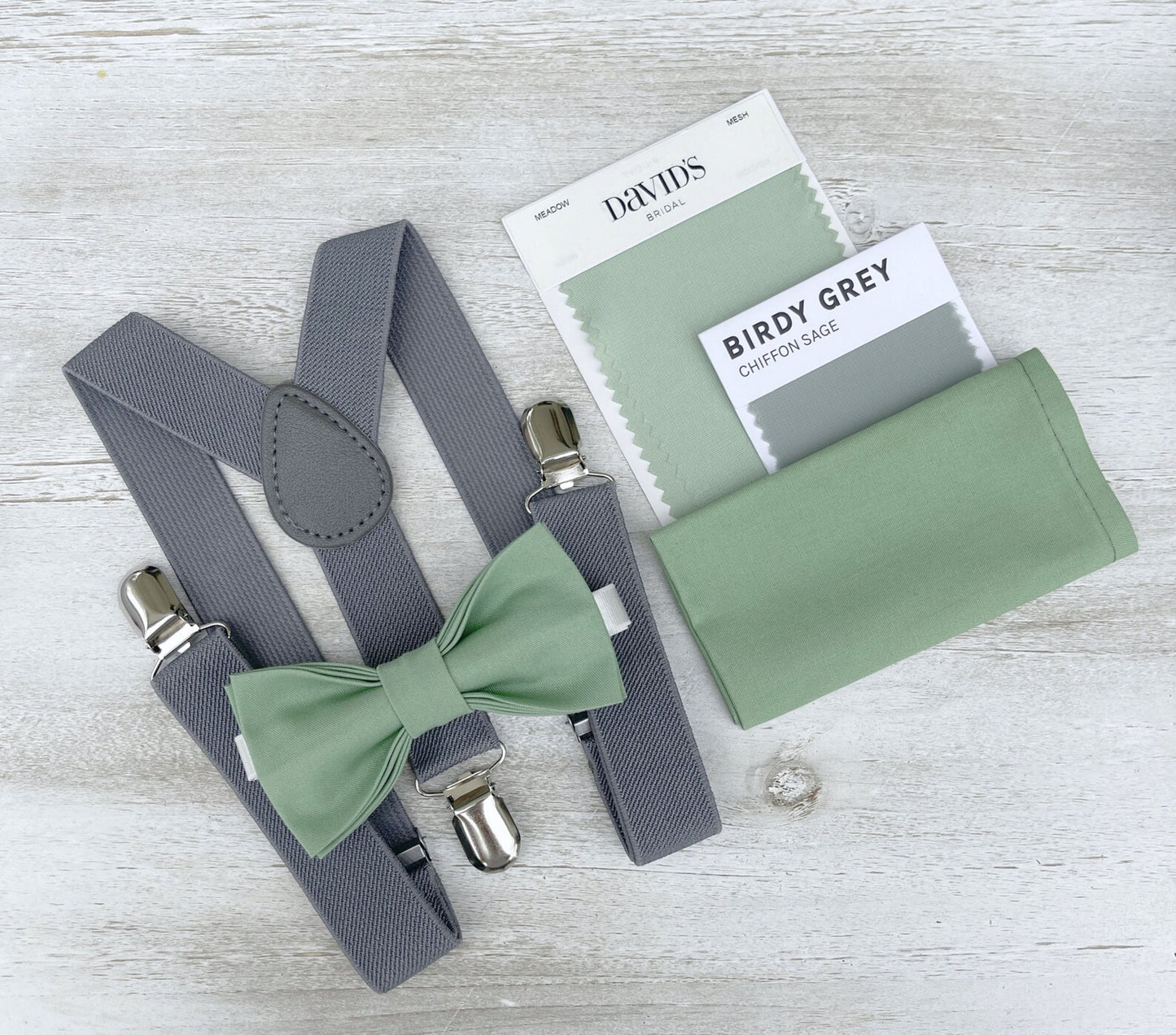 Matcha Bow tie & Suspenders, Gray Braces, Sage Meadow Green Bow, Pocket Square | Ring Bearer Outfit, Boho Rustic Wedding