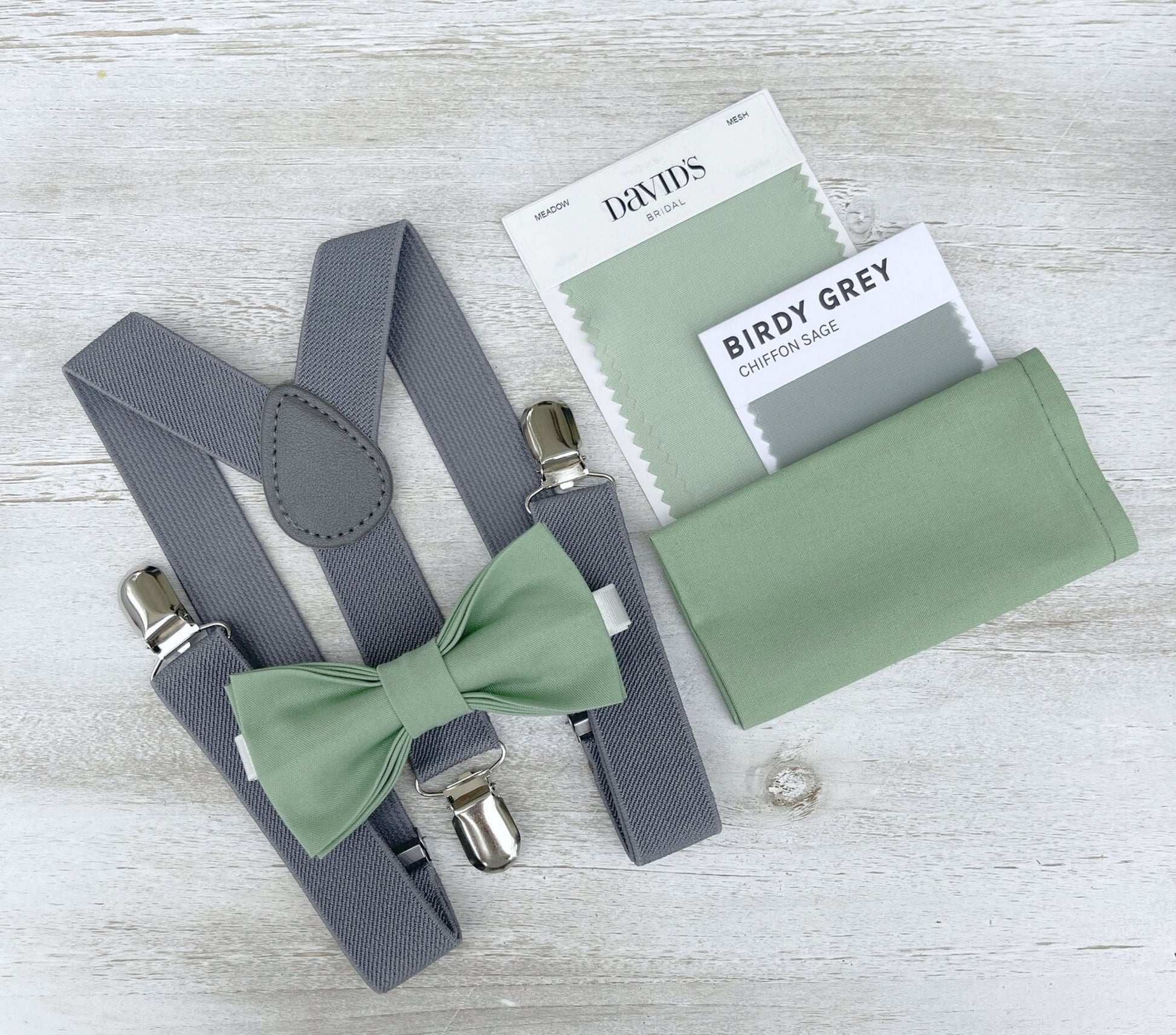 Matcha Bow tie & Suspenders, Gray Braces, Sage Meadow Green Bow, Pocket Square | Ring Bearer Outfit, Boho Rustic Wedding