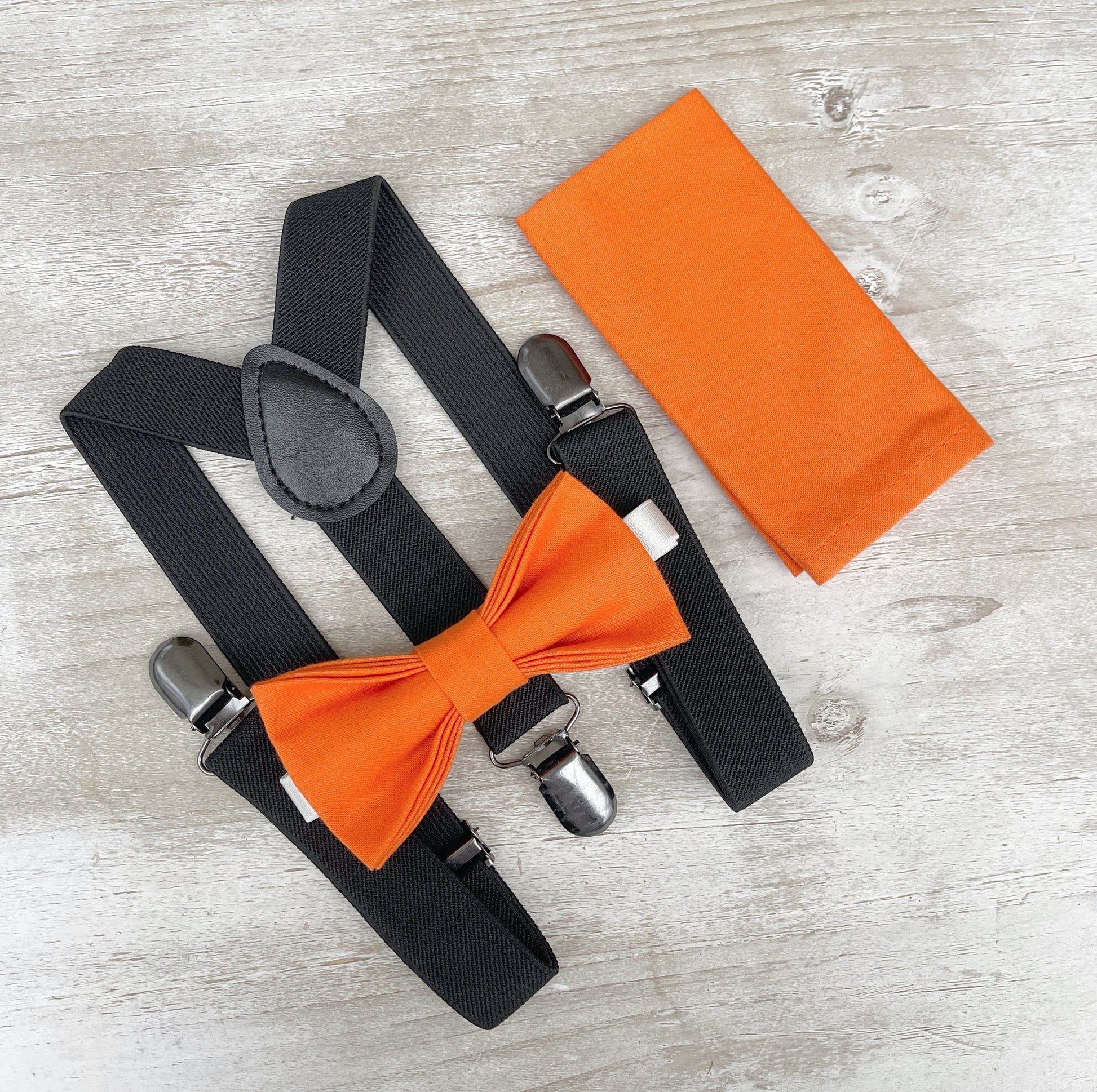 Orange Bow tie & Suspenders | Black Braces | Pocket Square | Groomsman Gift | Ring Bearer Outfit | Boho Rustic Wedding