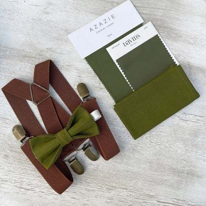 Olive Bow tie & Suspenders | Brown X - Back Braces | Pocket Square | Ring Bearer Outfit | Boho Rustic Wedding