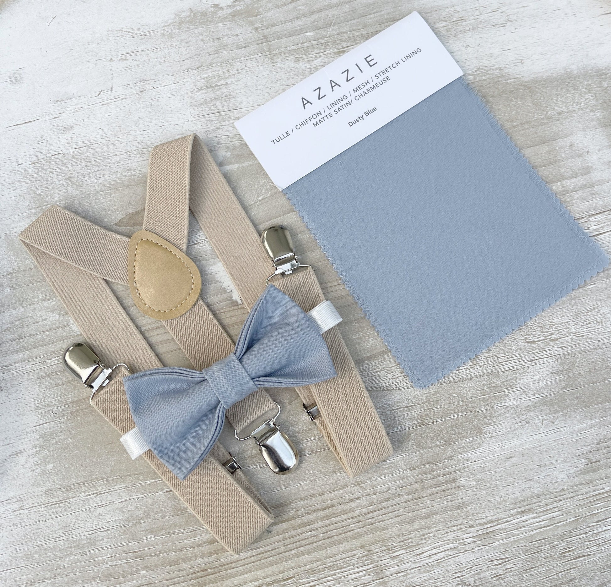 Dusty Blue Bow tie & Suspenders | Champagne Tan Braces | Pocket Square | Ring Bearer Outfit | Boho Rustic Wedding