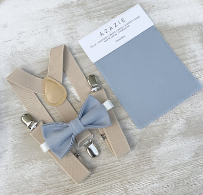 Dusty Blue Bow tie & Suspenders | Champagne Tan Braces | Pocket Square | Ring Bearer Outfit | Boho Rustic Wedding