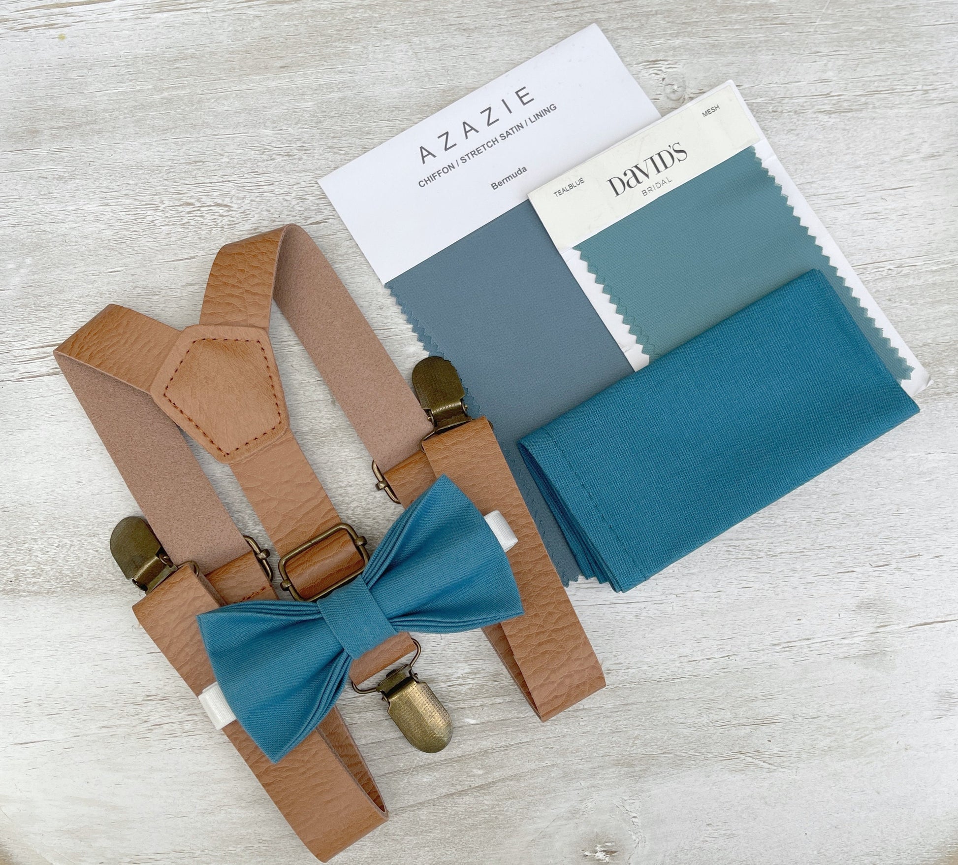 Teal Blue Bow tie & Suspenders, Leather Light Brown Braces, Pocket Square, Ring Bearer Outfit, Boho Rustic Wedding