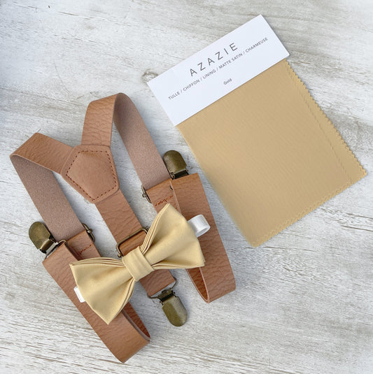 Gold Bow Tie | Leather Light Brown Suspenders | Pocket Square Set - Perfect Wedding Groomsmen Gift and Ring Bearer Present