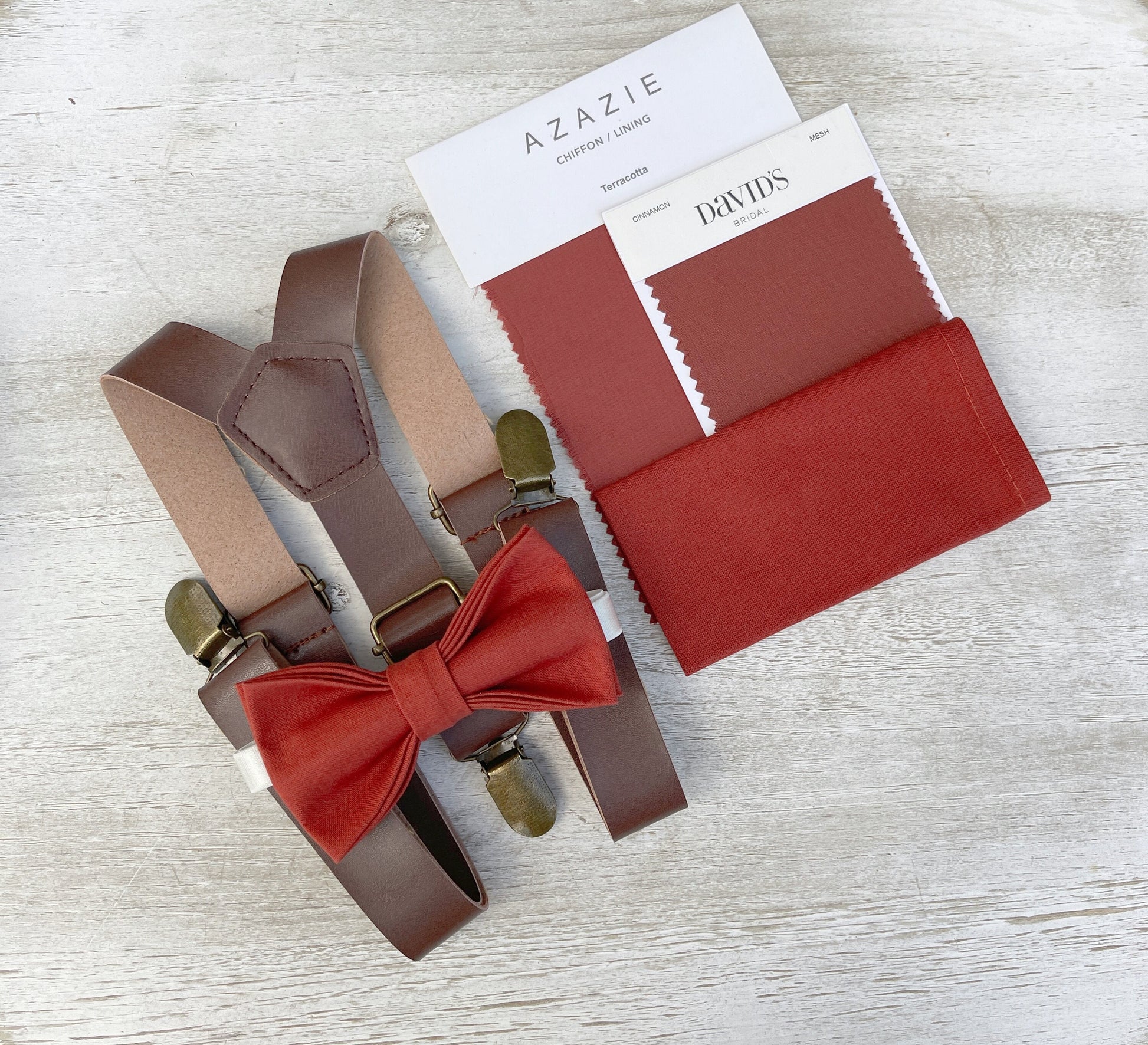 Terracotta Bow tie & Suspenders | Leather Braces | Cinnamon Bowtie | Pocket Square | Ring Bearer Outfit | Boho Rustic Wedding