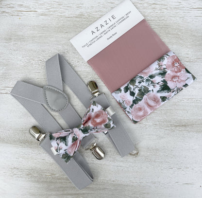 Floral Bow tie & Suspenders, Light Gray Braces, Dusty Rose Bow Tie, Pocket Square, Ring Bearer Outfit, Boho Wedding, Groomsman Gift