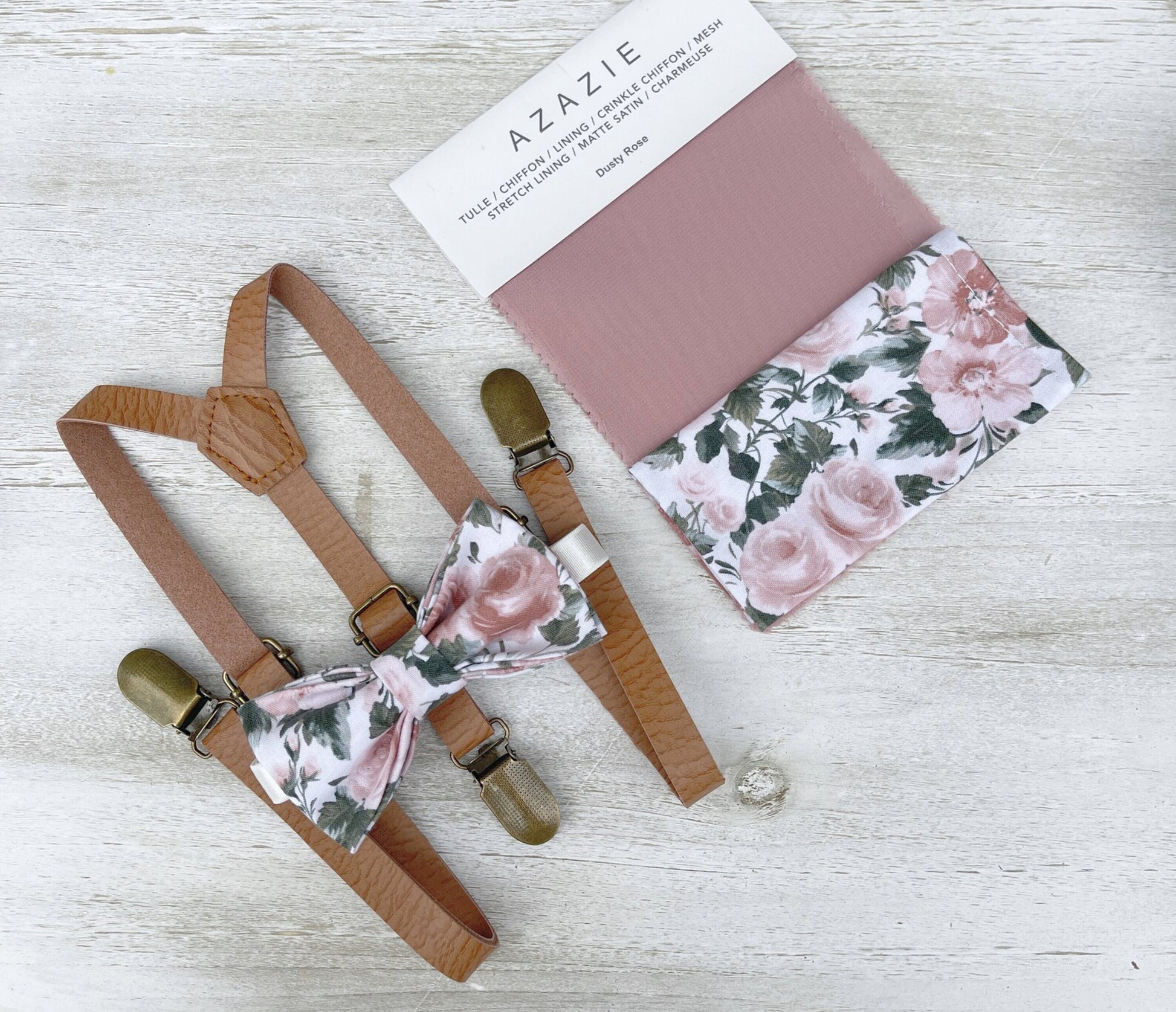 Floral Bow tie & Skinny Vegan Leather Suspenders | Dusty Rose Bow | Pocket Square | Ring Bearer Outfit | Boho Wedding | Groomsman Gift