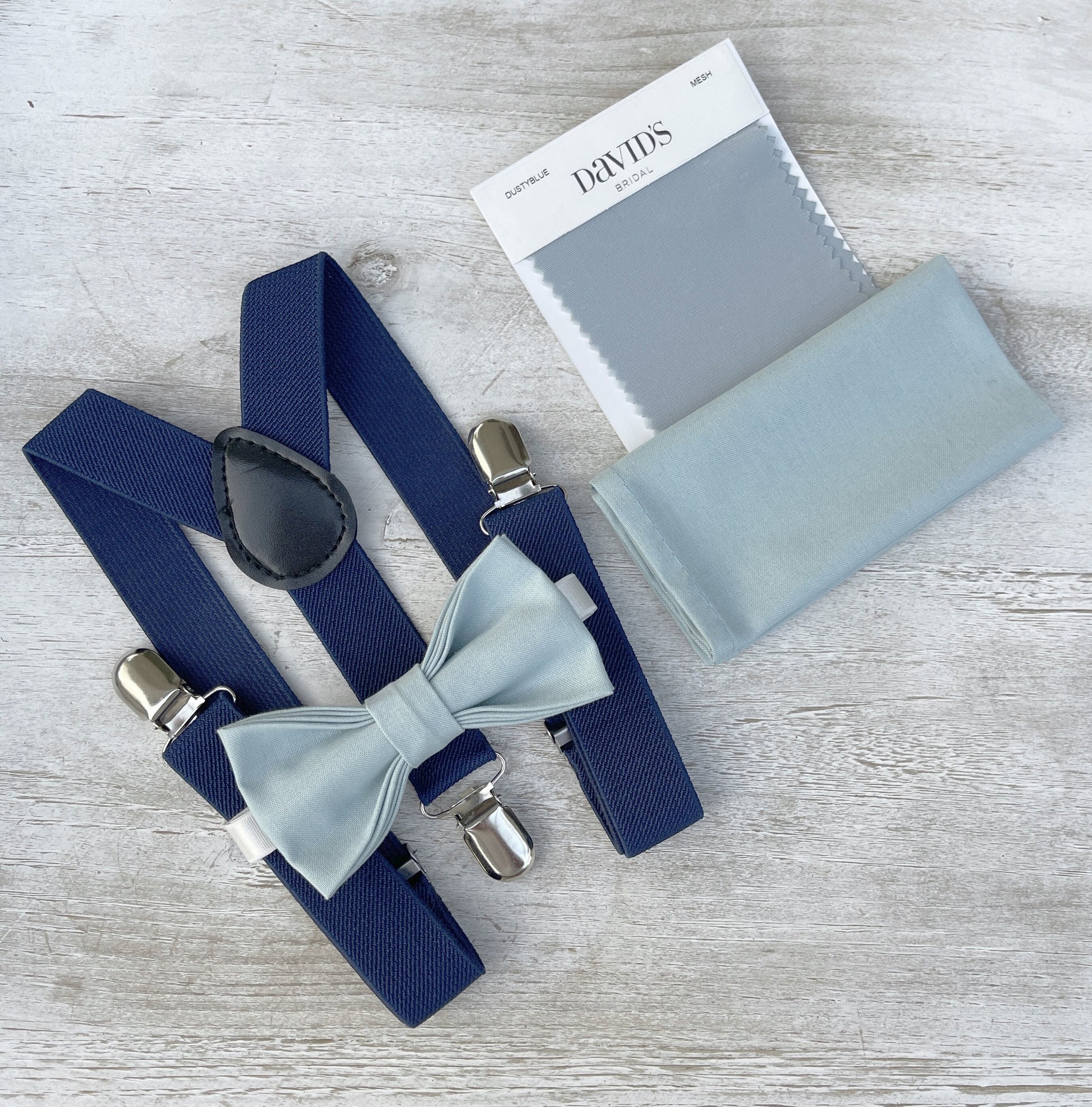Mist Bow tie & Suspenders | Navy Marine Braces | Sky Blue Bow | Dusty Blue Bowtie | Pocket Square | Ring Bearer Outfit | Boho Rustic Wedding