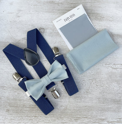 Mist Bow tie & Suspenders | Navy Marine Braces | Sky Blue Bow | Dusty Blue Bowtie | Pocket Square | Ring Bearer Outfit | Boho Rustic Wedding