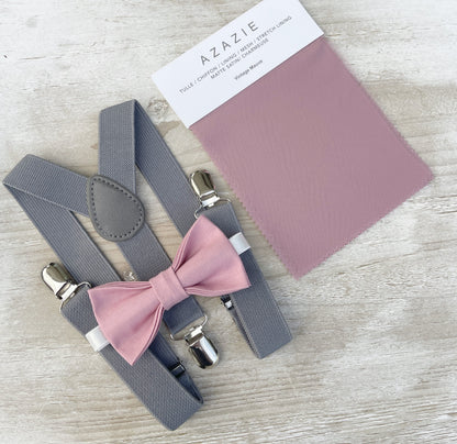 Vintage Mauve Bow Tie & Suspenders – All Sizes for Men and Boys, Gray Braces, Quartz Bowtie, Pocket Square, Ring Bearer, Boho Rustic Wedding