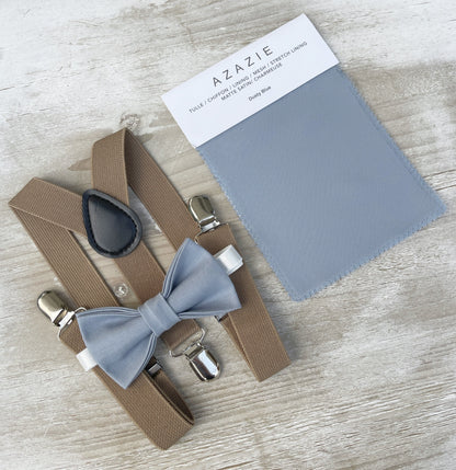 Dusty Blue Bow Tie & Suspenders – All Sizes for Boys and Men, Taupe Braces, Pocket Square, Ring Bearer, Boho Rustic Wedding