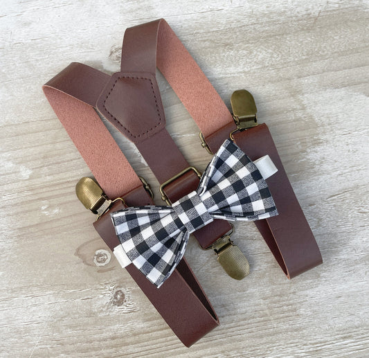 Plaid Bow Tie and Leather Suspenders Set for Men and Boys - Perfect Gift for Ring Bearers and Groomsmen at Weddings