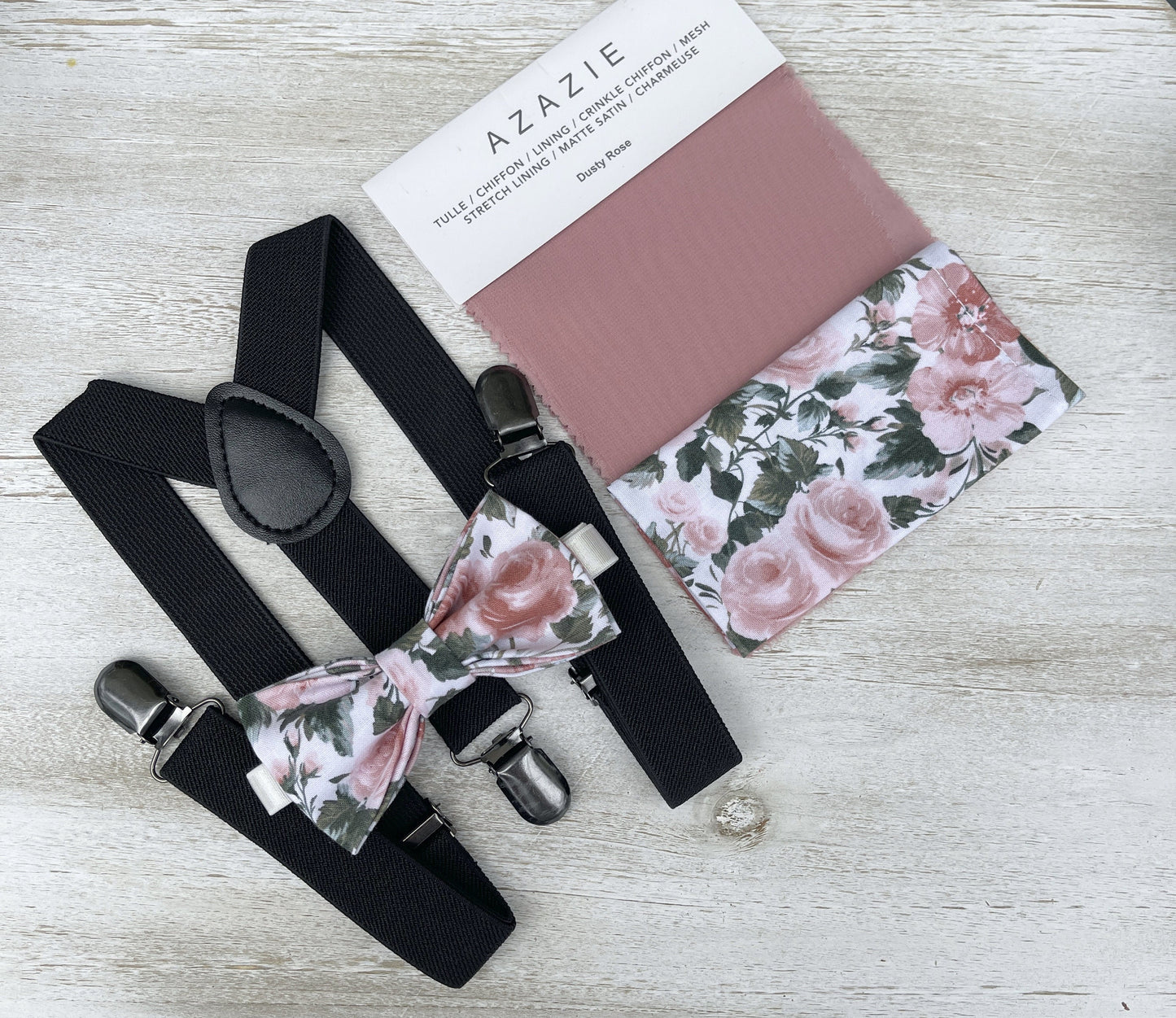 Floral Bow tie & Suspenders | Black Braces | Dusty Rose Bow Tie | Pocket Square | Ring Bearer Outfit | Boho Wedding | Groomsman Gift