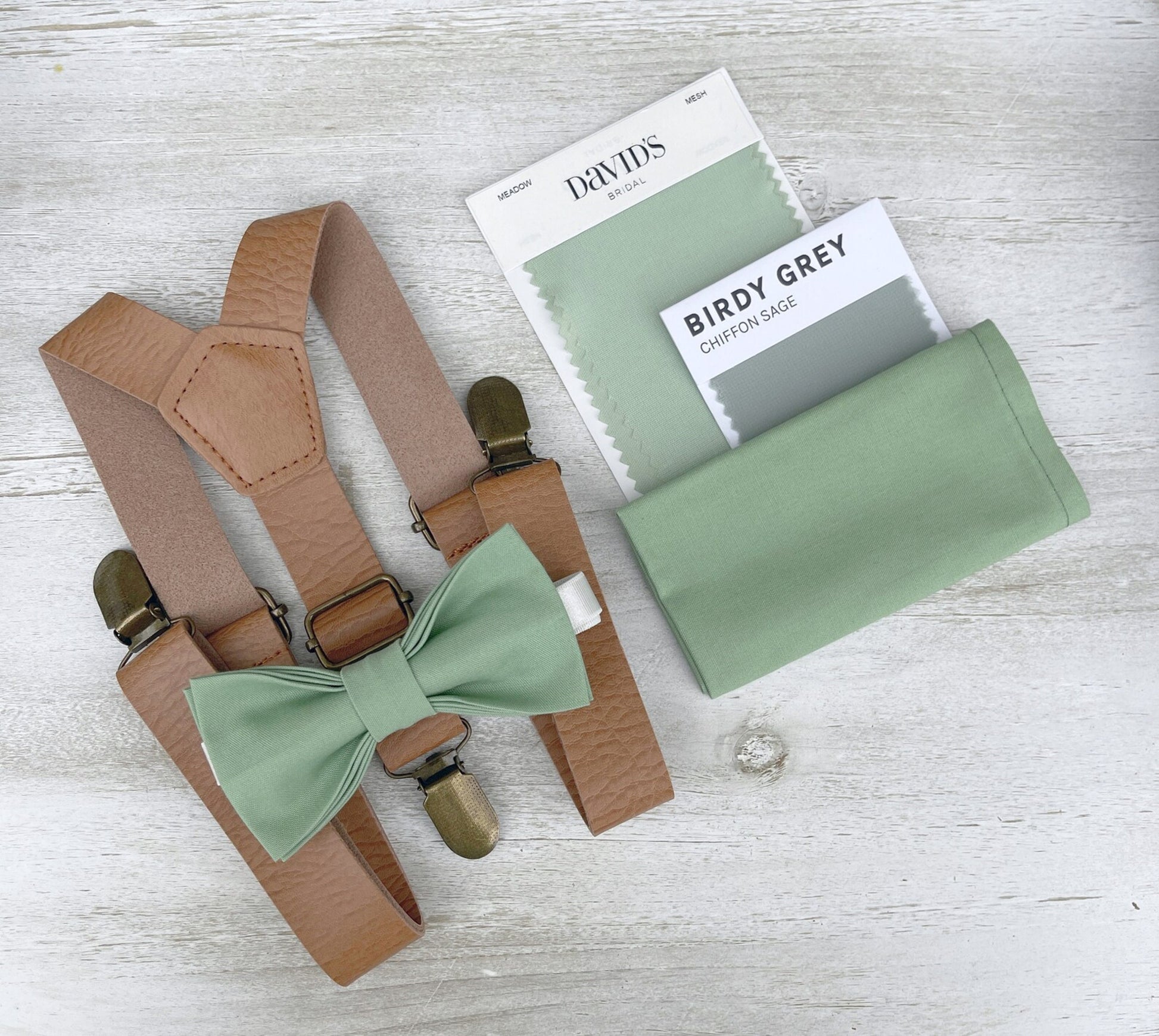 Matcha Bow tie & Suspenders | Leather Light Brown Braces | Sage Meadow Green Bow | Pocket Square | Ring Bearer Outfit | Boho Rustic Wedding