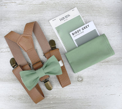 Matcha Bow tie & Suspenders | Leather Light Brown Braces | Sage Meadow Green Bow | Pocket Square | Ring Bearer Outfit | Boho Rustic Wedding