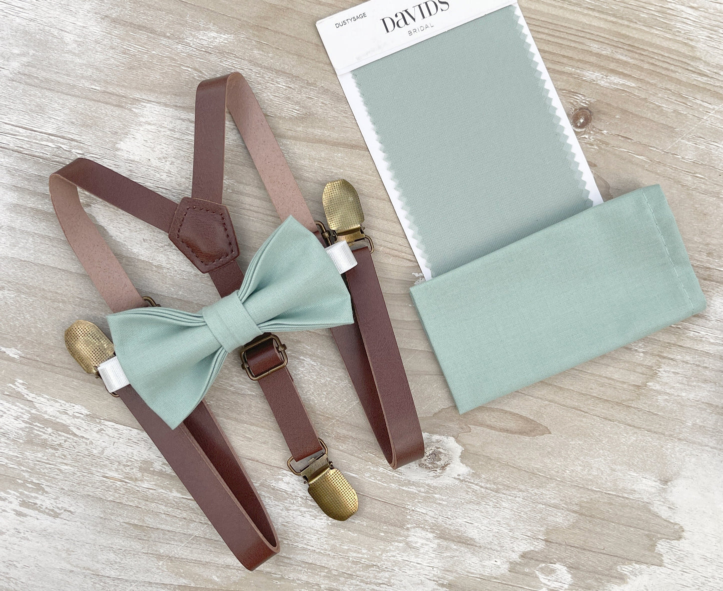 Dusty Sage Bow tie & Suspenders | Skinny Vegan Leather Braces | Agave Bow | Pocket Square | Ring Bearer Outfit | Rustic Boho Wedding