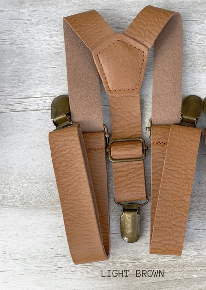 Pine Bow tie & Vegan Leather Suspenders | Light brown Braces | Gem Bow | Pocket Square | Ring Bearer Outfit | Boho Wedding
