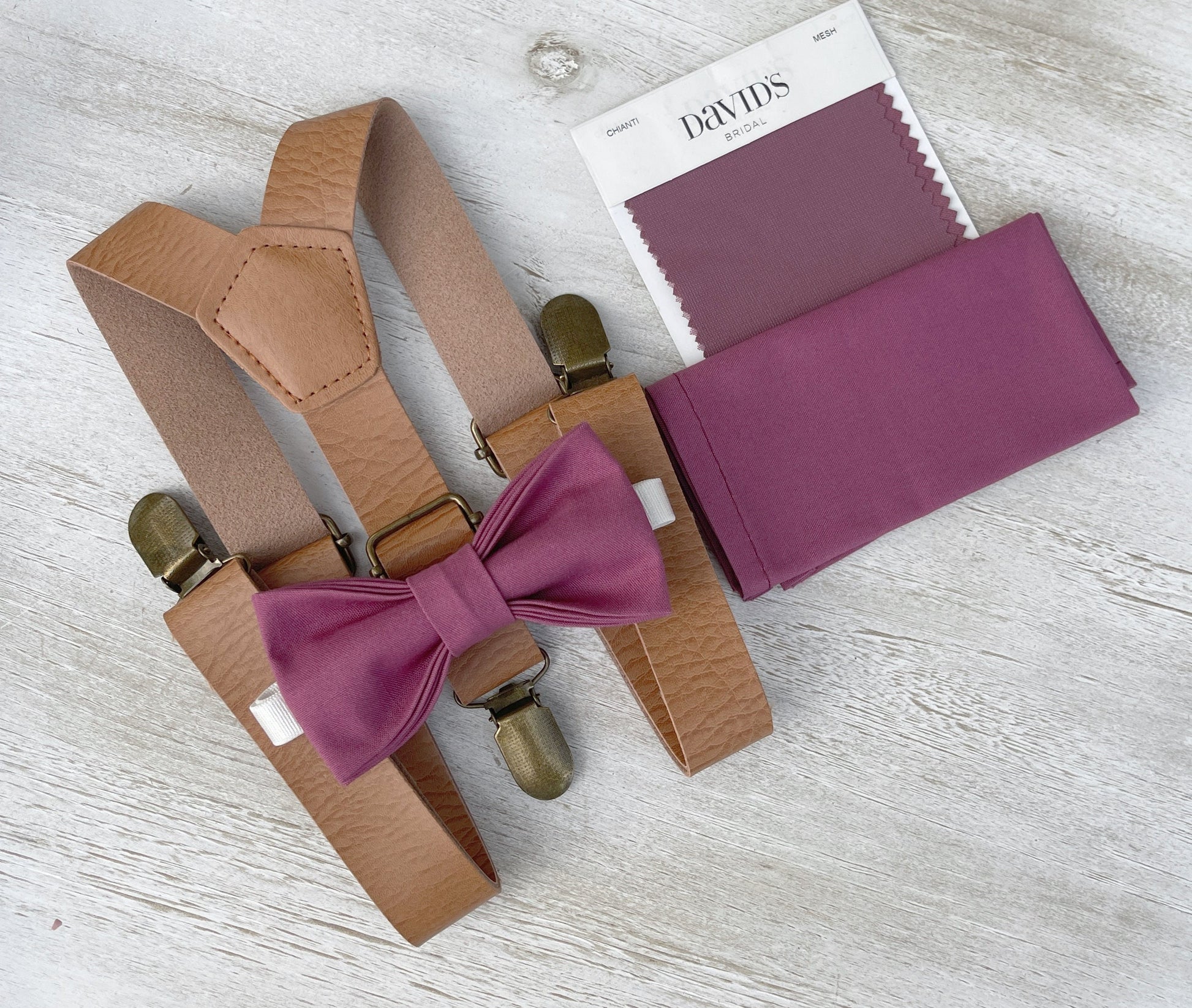 Chianti Bow Tie & Leather Suspenders Set – Pocket Square, Ring Bearer Outfit, Mulberry Rustic Wedding, Groomsman Gift – Baby to Adult Sizes