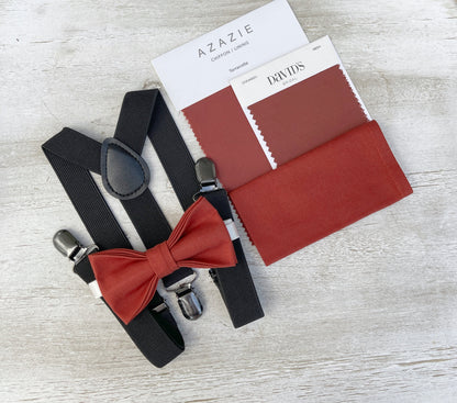 Terracotta Bow tie & Suspenders | Black Braces | Cinnamon Bowtie | Pocket Square | Ring Bearer Outfit | Boho Rustic Wedding