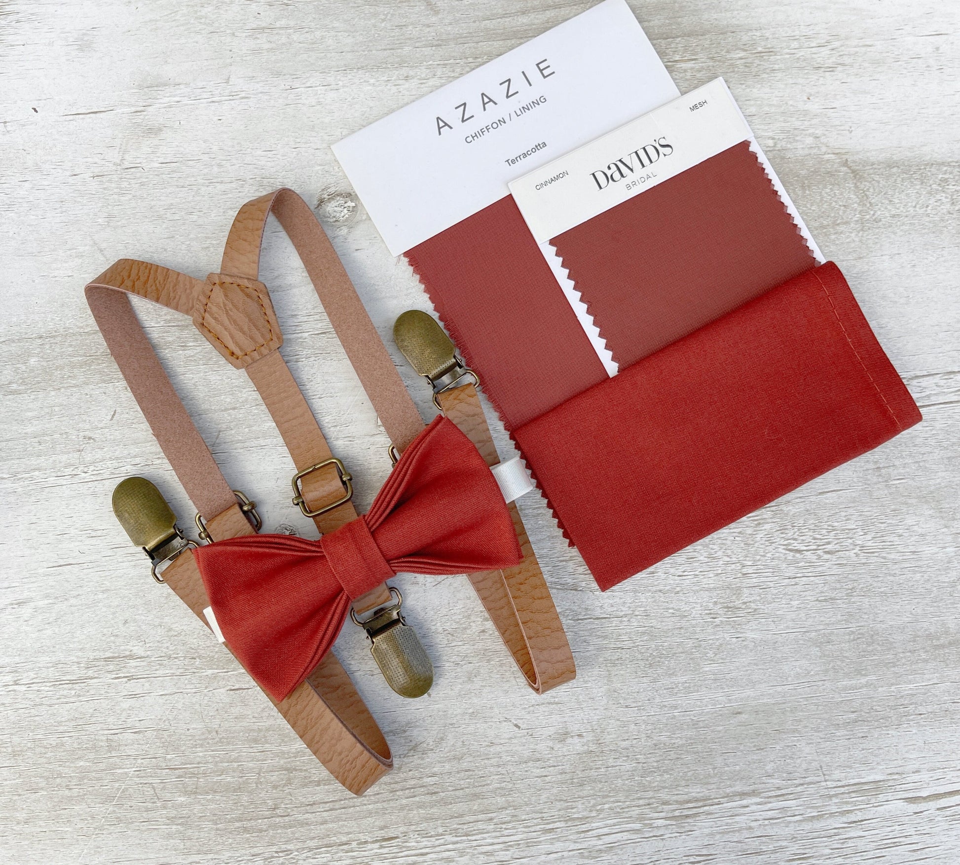 Terracotta Bow tie & Skinny Leather Light Brown Suspenders | Cinnamon Bow | Pocket Square | Ring Bearer Outfit | Boho Rustic Wedding