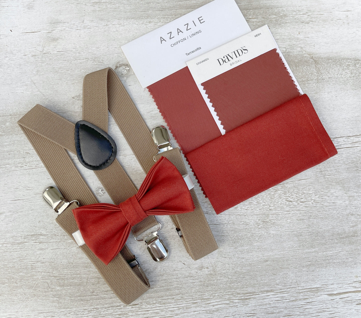 Terracotta Bow tie & Suspenders | Taupe Braces | Cinnamon Bowtie | Pocket Square | Ring Bearer Outfit | Boho Rustic Wedding