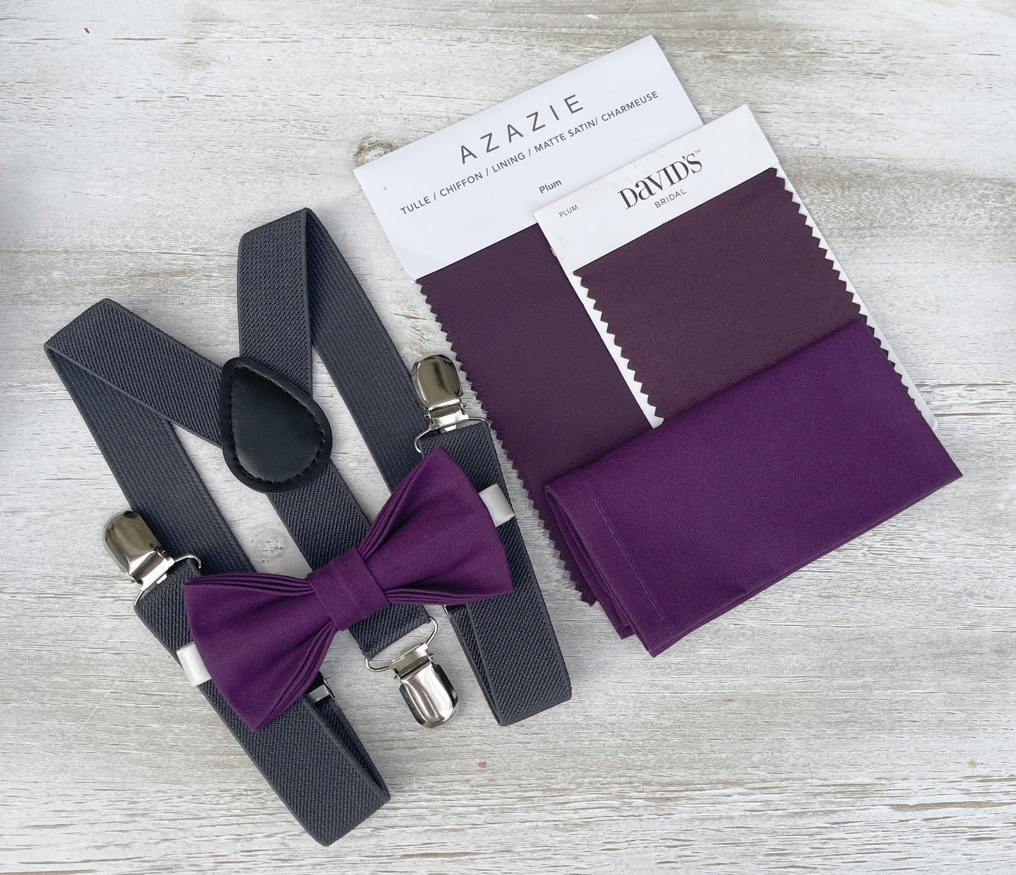 Plum Bow tie & Suspenders | Dark Gray Braces | Pocket Square | Ring Bearer Outfit | Boho Rustic Wedding | Groomsman Gift | Grape Bow Tie