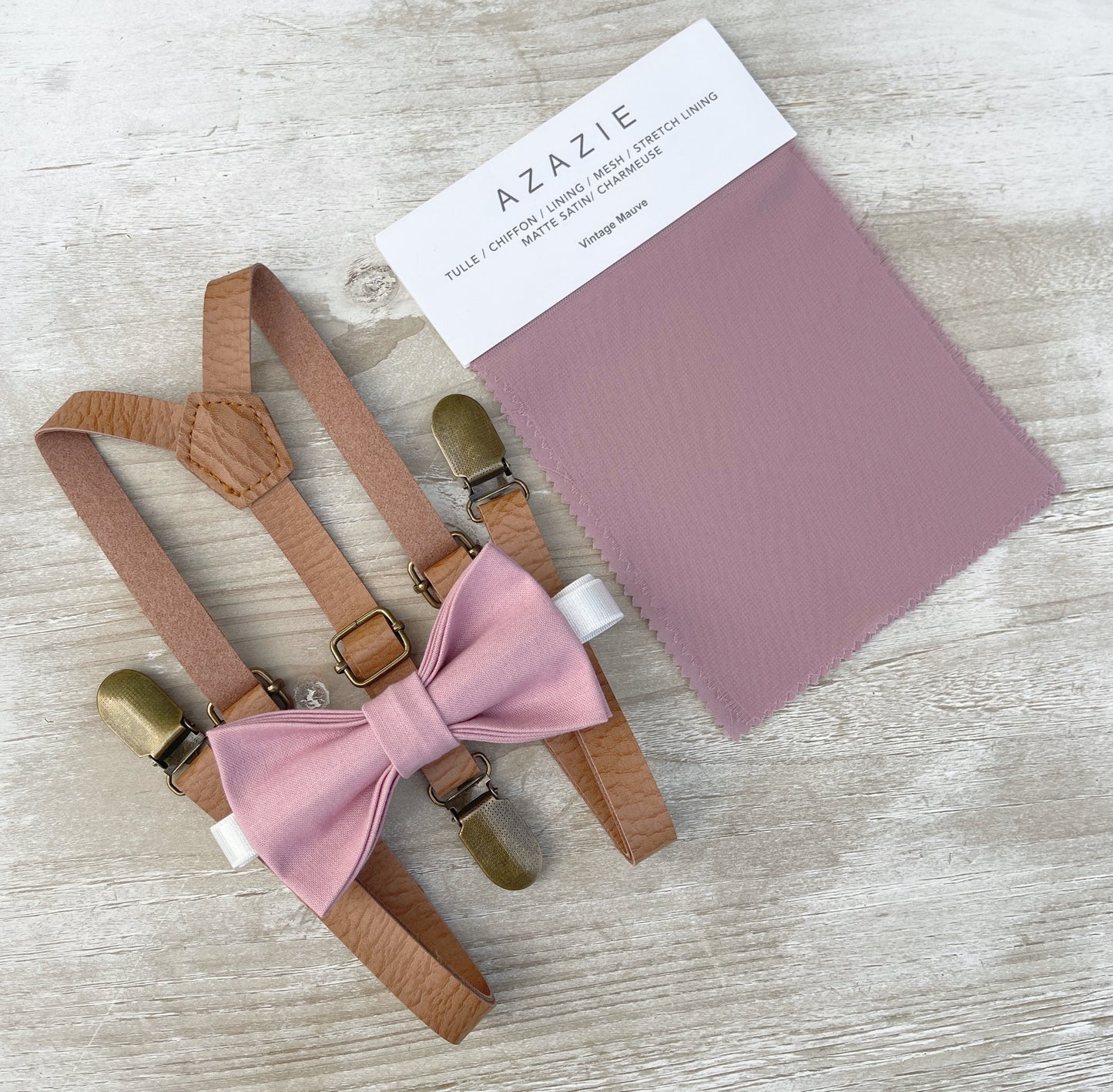 Vintage Mauve Bow tie & Suspenders | Skinny Leather Light Brown Braces | Quartz Bow | Pocket Square | Ring Bearer Outfit | Rustic Wedding