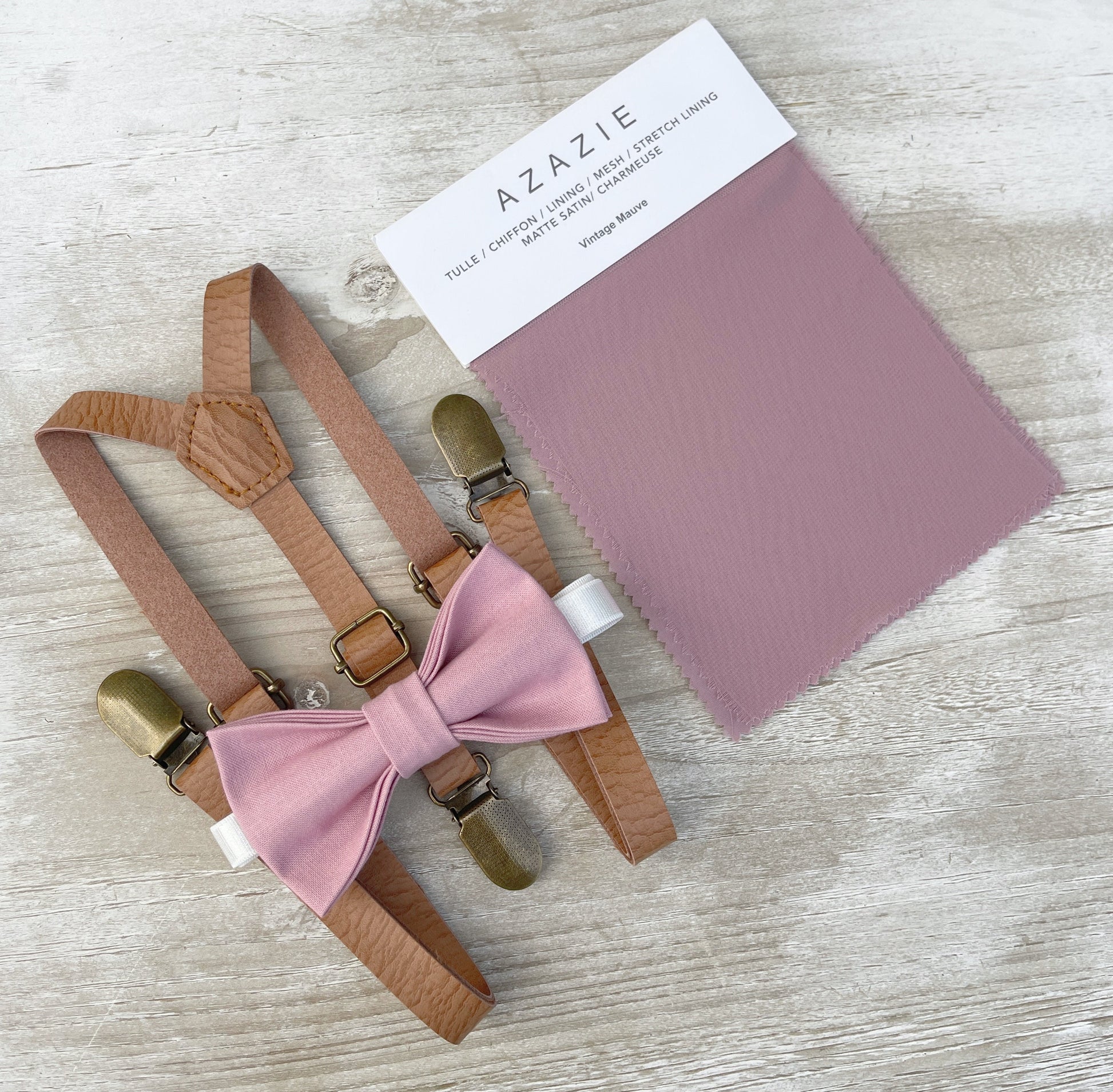 Vintage Mauve Bow tie & Suspenders | Skinny Leather Light Brown Braces | Quartz Bow | Pocket Square | Ring Bearer Outfit | Rustic Wedding