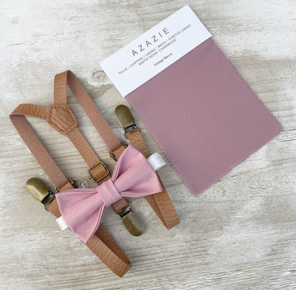 Vintage Mauve Bow tie & Suspenders | Skinny Leather Light Brown Braces | Quartz Bow | Pocket Square | Ring Bearer Outfit | Rustic Wedding