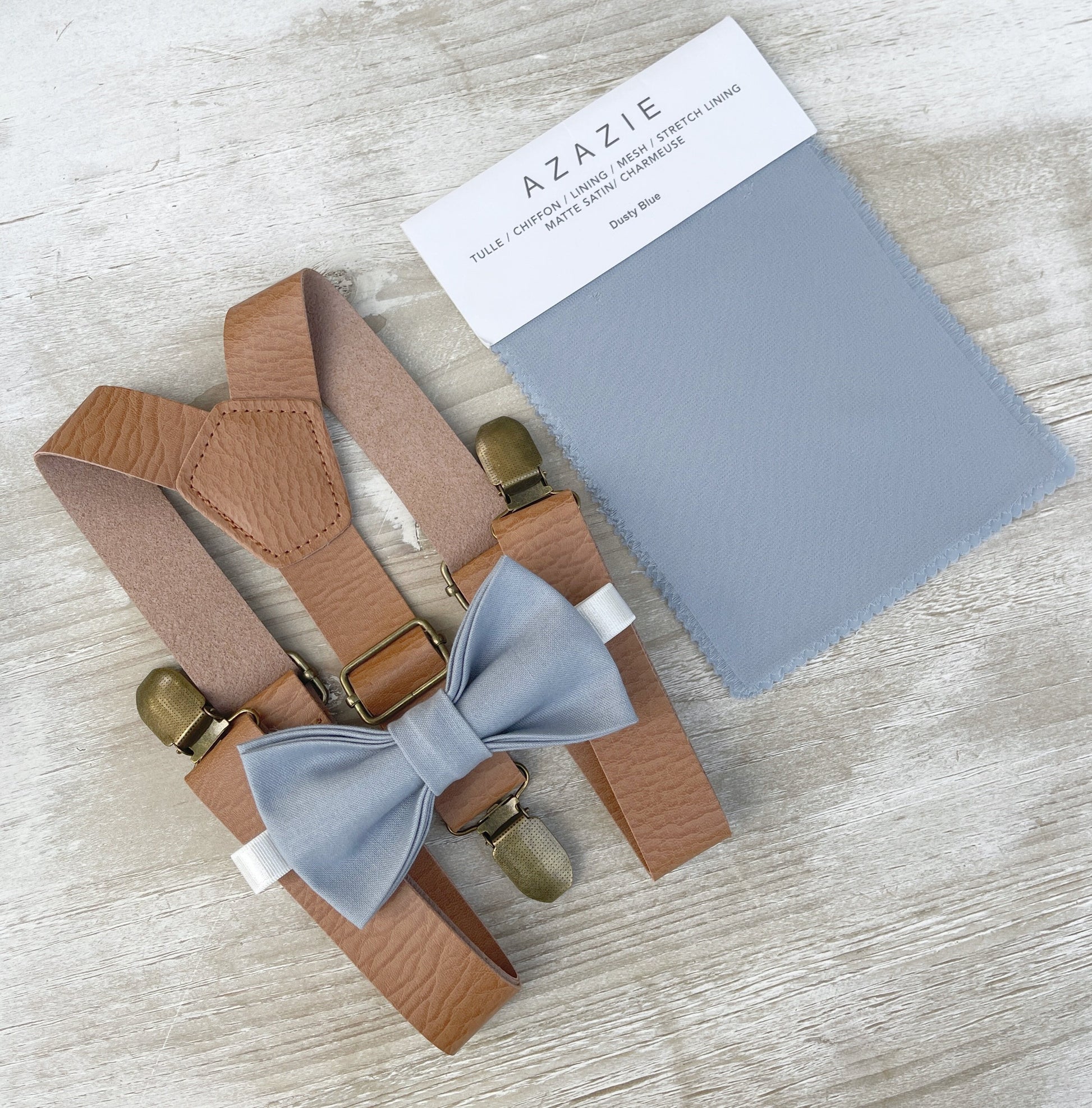 Dusty Blue Bow tie & Suspenders | Light Brown Leather Braces | Pocket Square | Ring Bearer Outfit | Boho Rustic Wedding